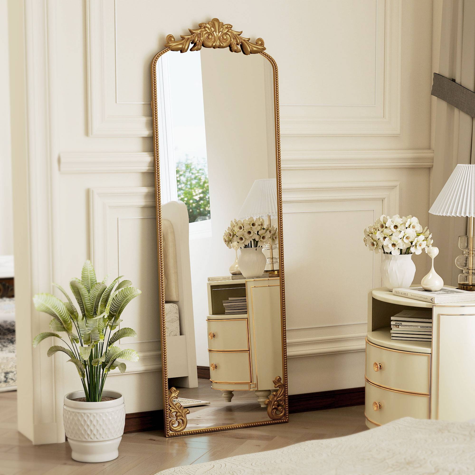 Sans Marque - Miroir sur pied de style baroque avec cadre, verre trempé et métal, 50 x 4,5 x 160 cm, doré - Image 4