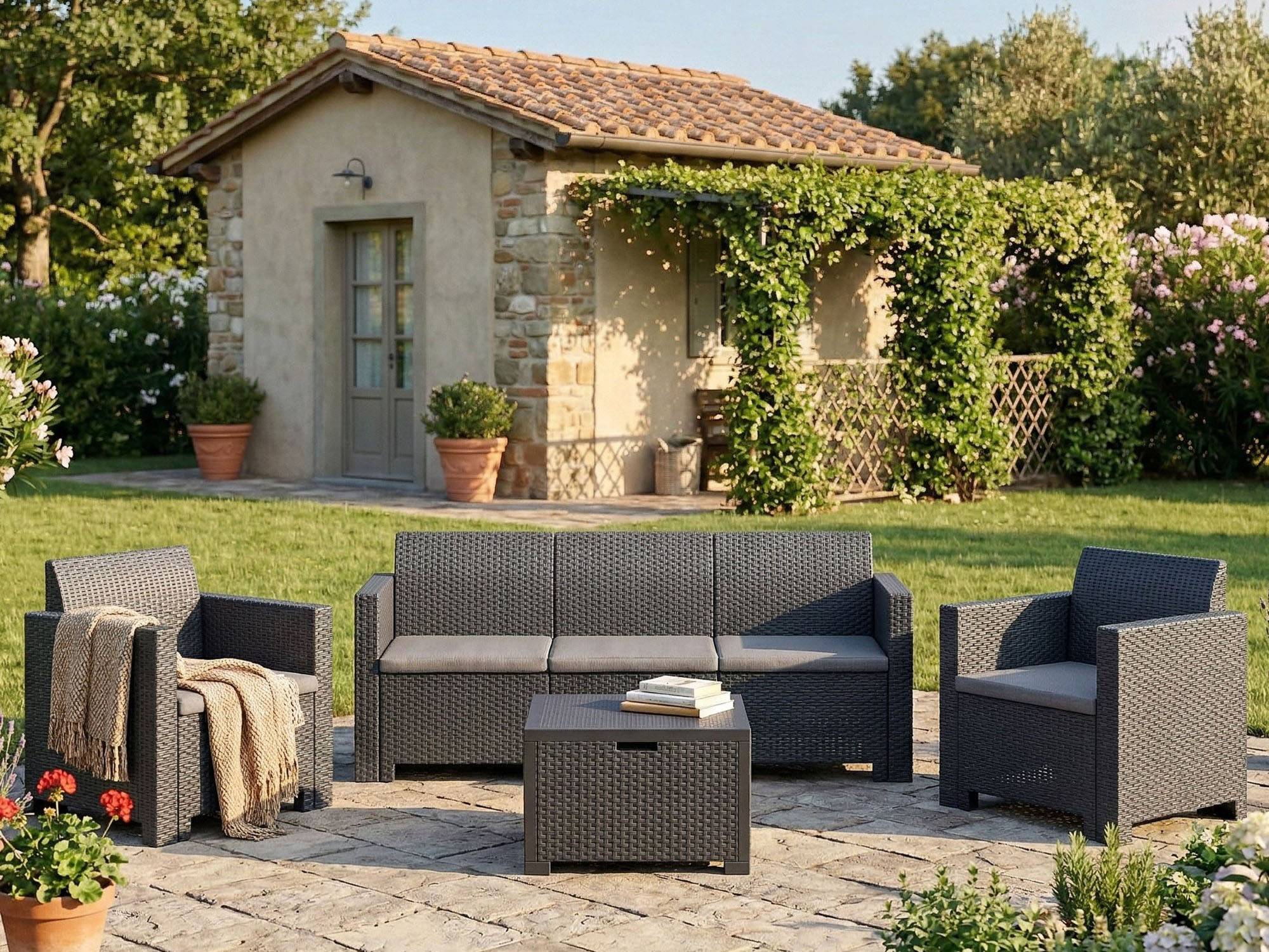Dmora - Ensemble de salon d'extérieur Dmuh, Salon de jardin avec coussins, Salon d'intérieur effet rotin, 100% Made in Italy, Anthracite - Dmora - Imagen 6
