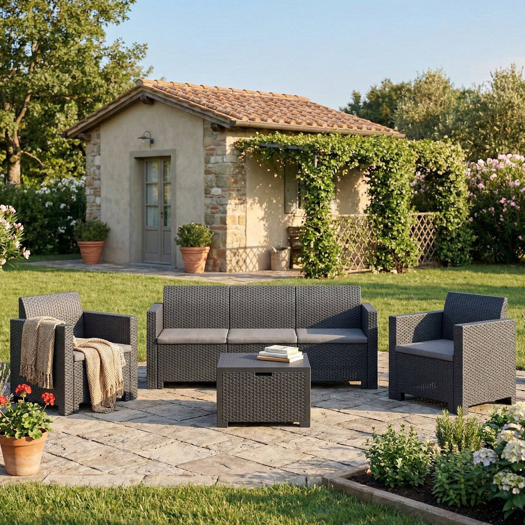 Dmora - Ensemble de salon d'extérieur Dmuh, Salon de jardin avec coussins, Salon d'intérieur effet rotin, 100% Made in Italy, Anthracite - Dmora - Imagen 2