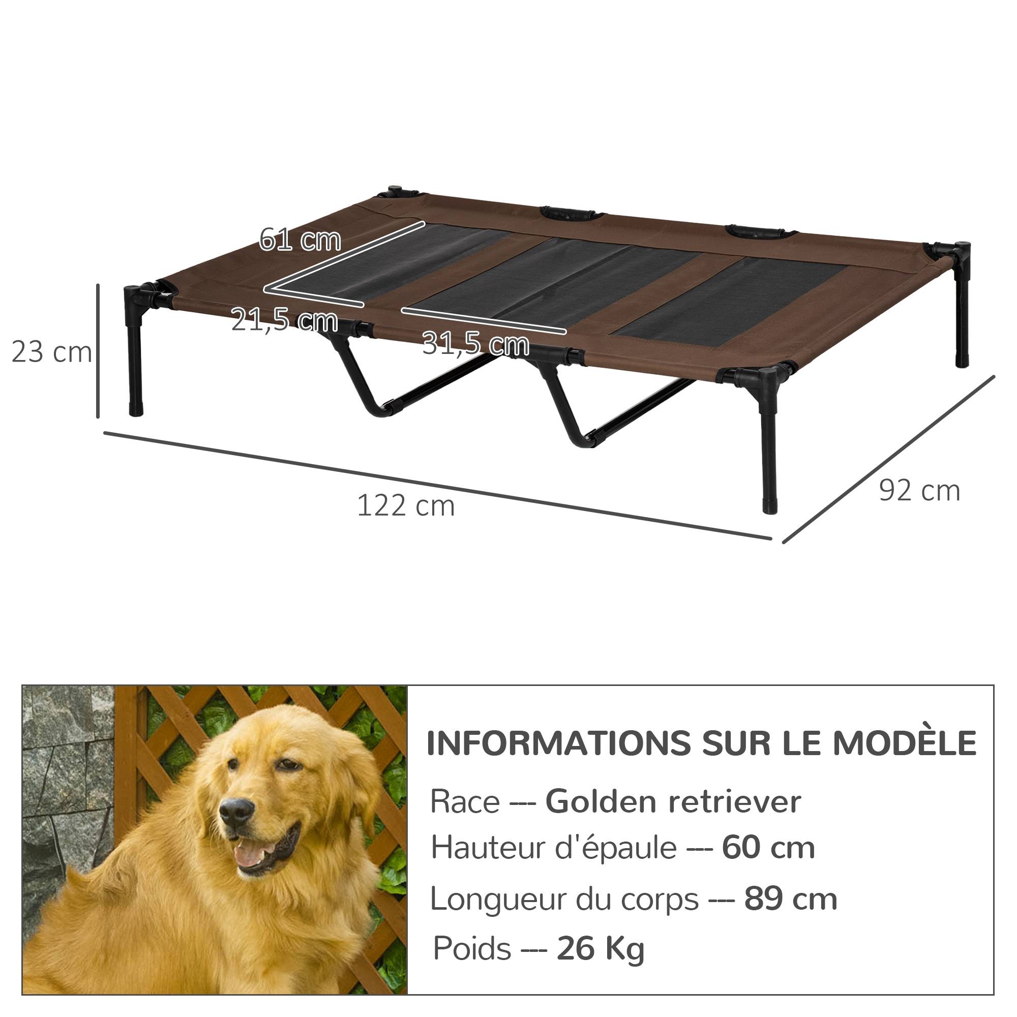 Lit camp chien chat XXL surélevé textilène respirant extérieur 122x92x23cm marron - ComfortXL Outdoor Living - Image 5