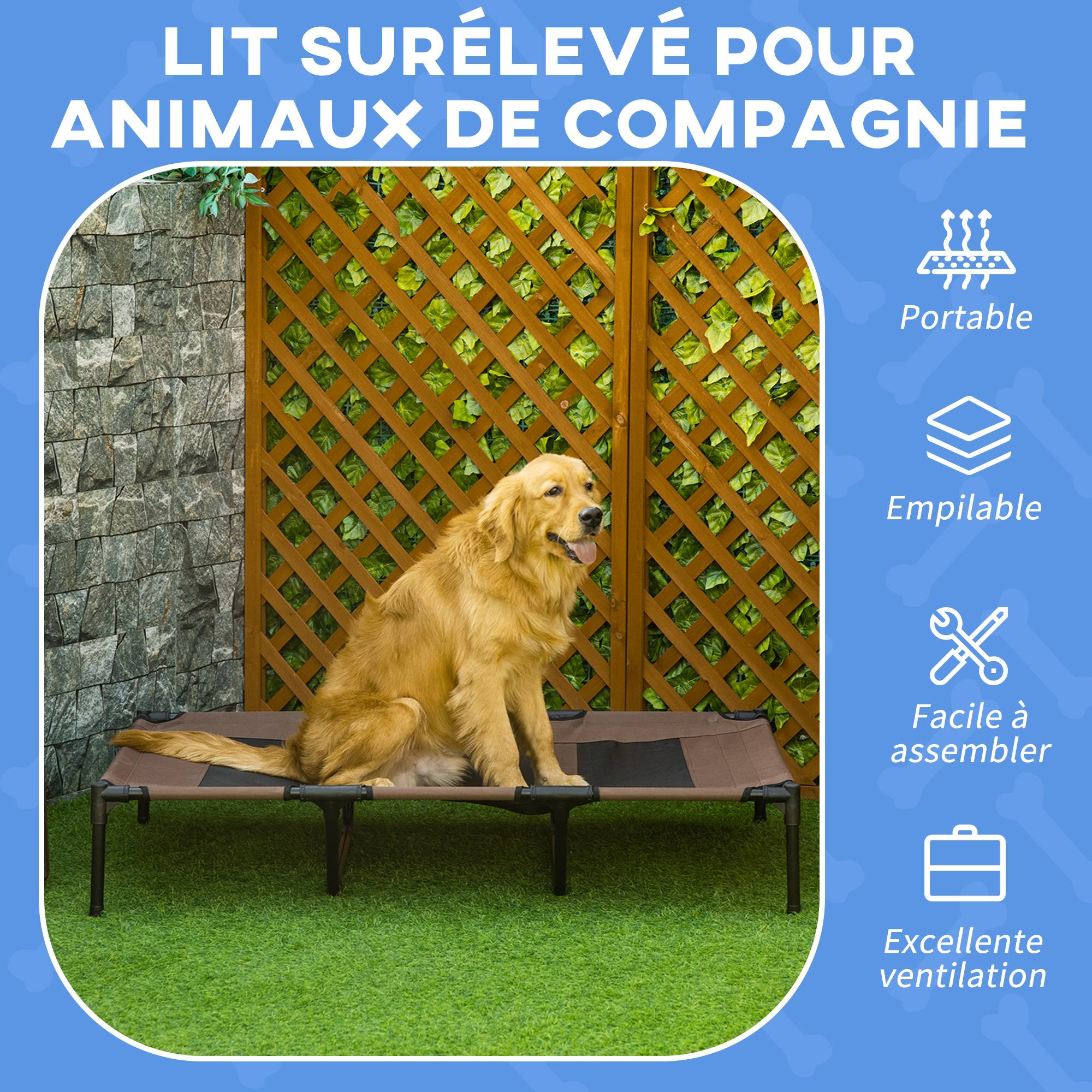Lit camp chien chat XXL surélevé textilène respirant extérieur 122x92x23cm marron - ComfortXL Outdoor Living - Image 6