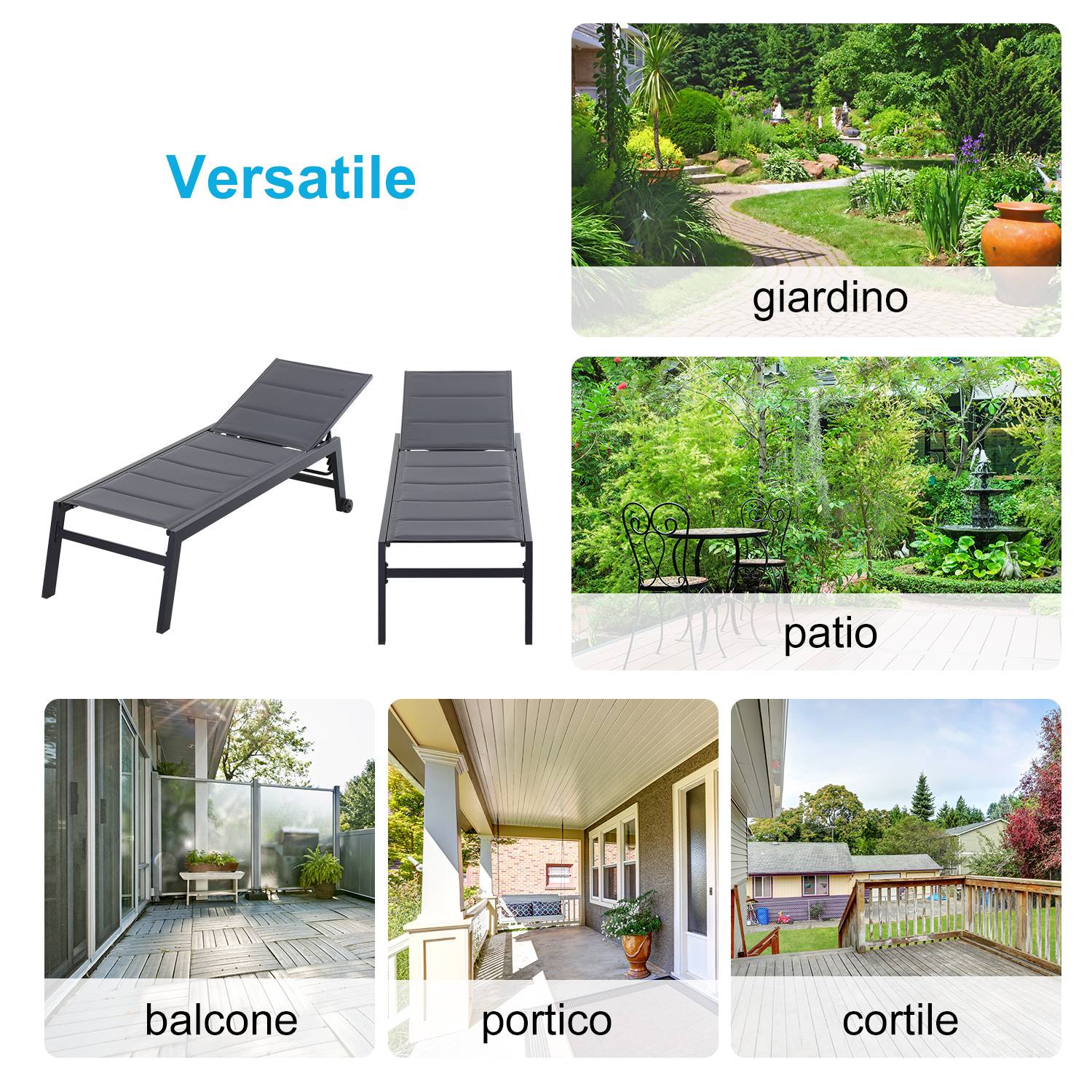 Chaise longue aluminium textylène pour extérieurs rembourrée réglable avec roues gris noir - ComfortXL Outdoor Living - Image 9
