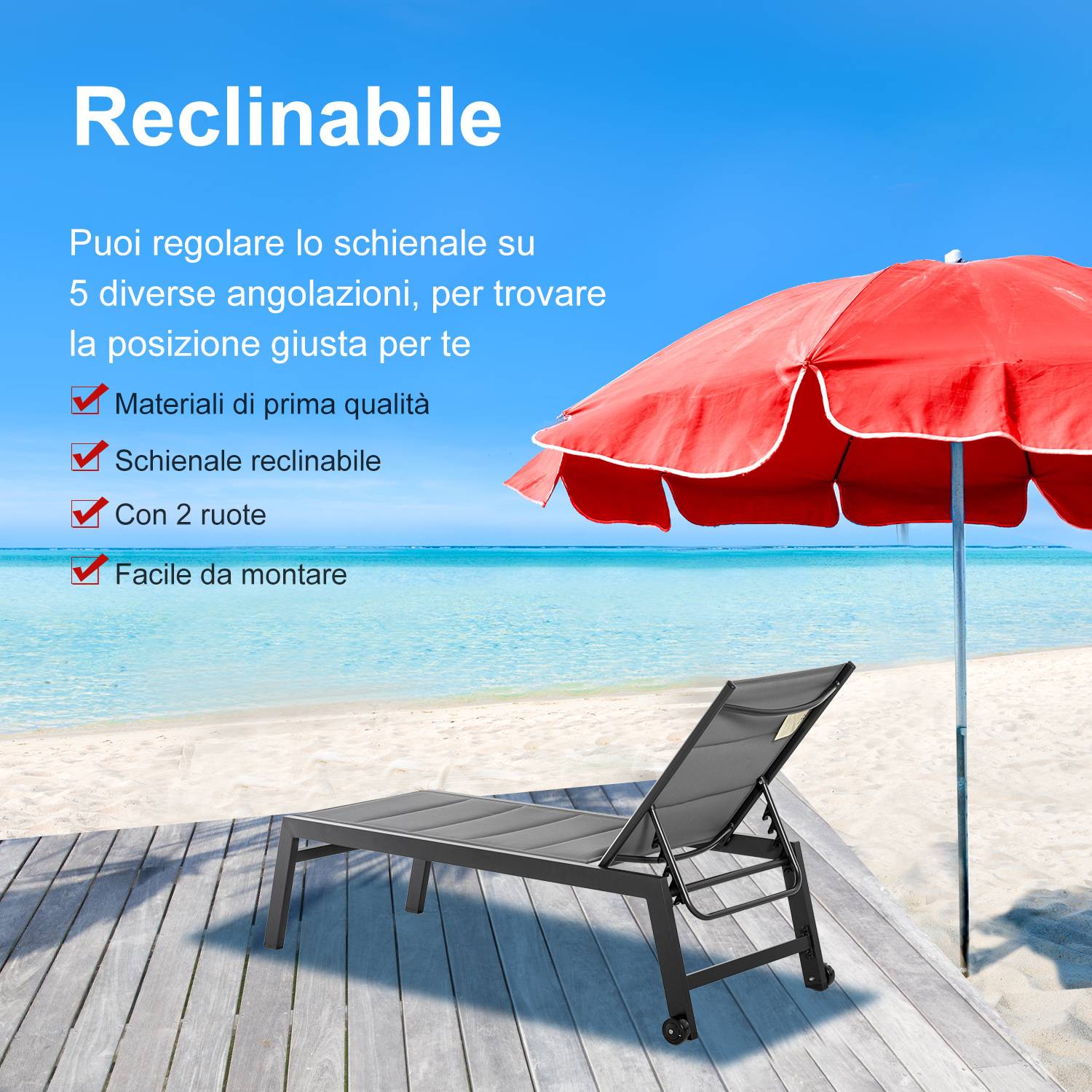 Chaise longue aluminium textylène pour extérieurs rembourrée réglable avec roues gris noir - ComfortXL Outdoor Living - Image 6