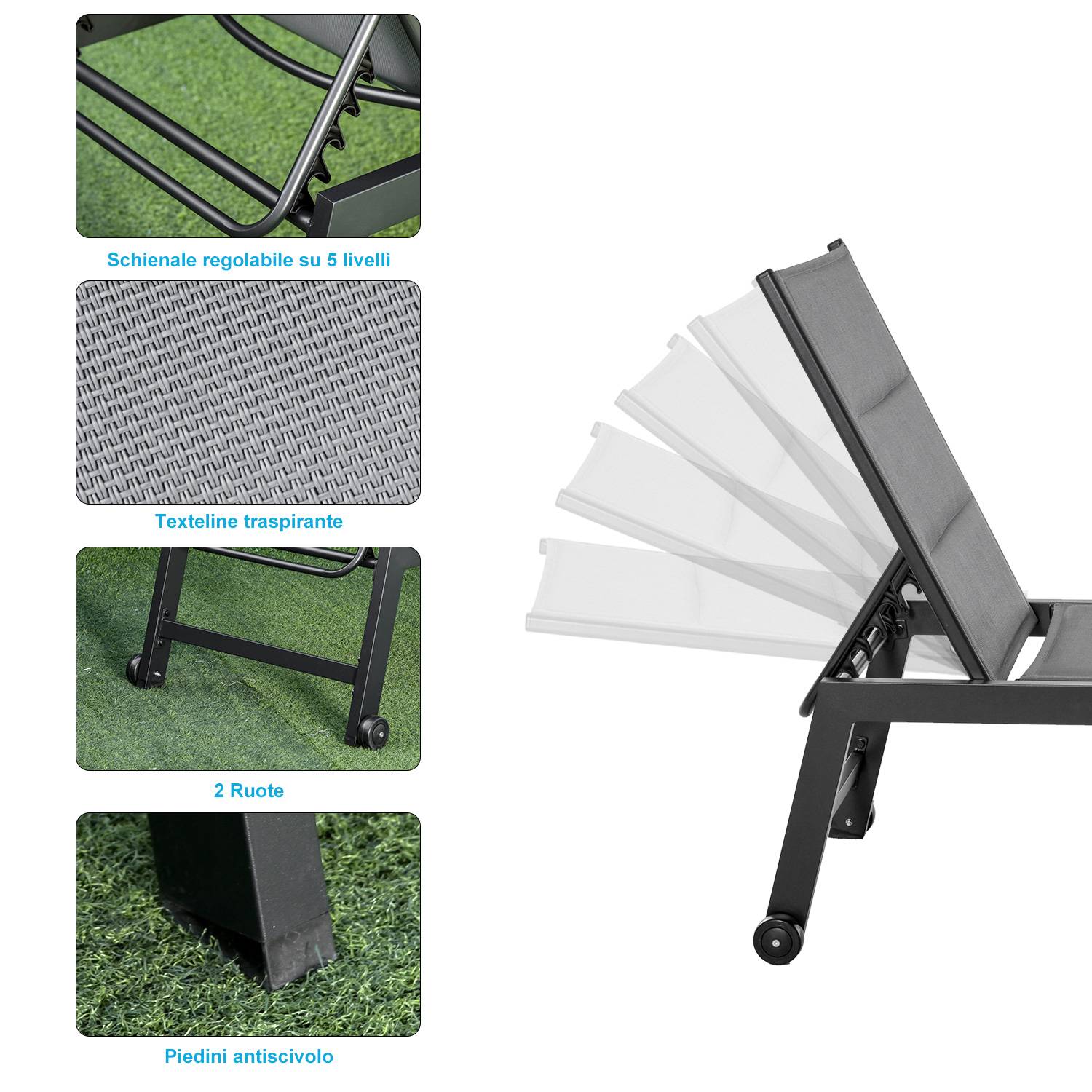 Chaise longue aluminium textylène pour extérieurs rembourrée réglable avec roues gris noir - ComfortXL Outdoor Living - Image 8