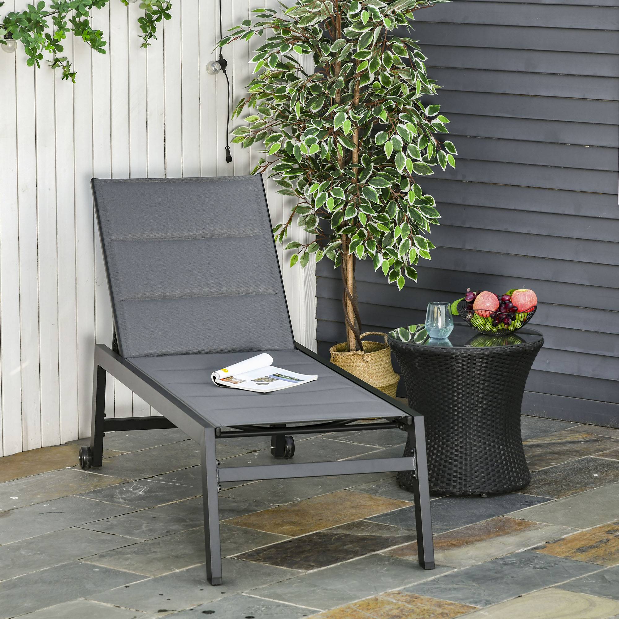 Chaise longue aluminium textylène pour extérieurs rembourrée réglable avec roues gris noir - ComfortXL Outdoor Living - Image 3