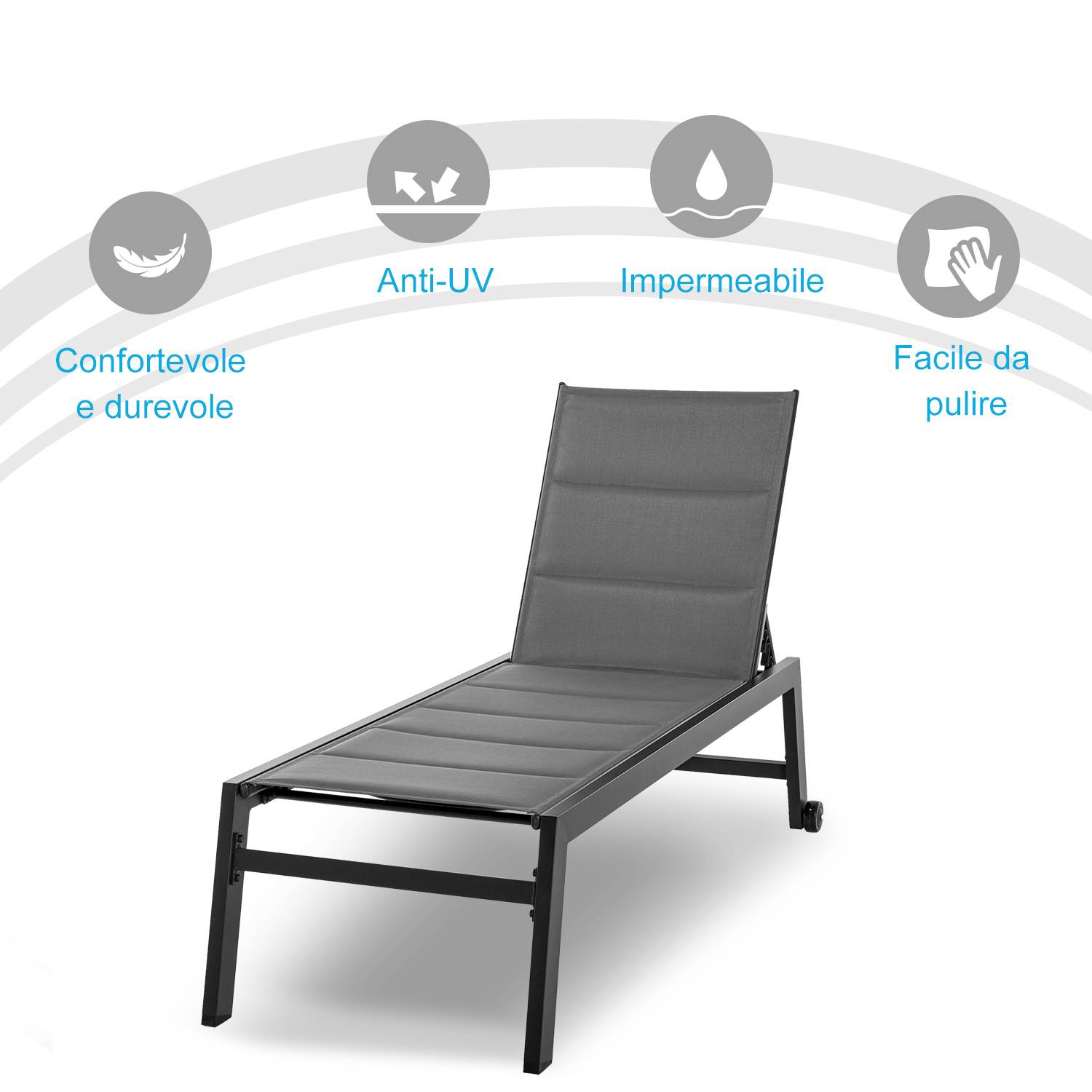 Chaise longue aluminium textylène pour extérieurs rembourrée réglable avec roues gris noir - ComfortXL Outdoor Living - Image 7