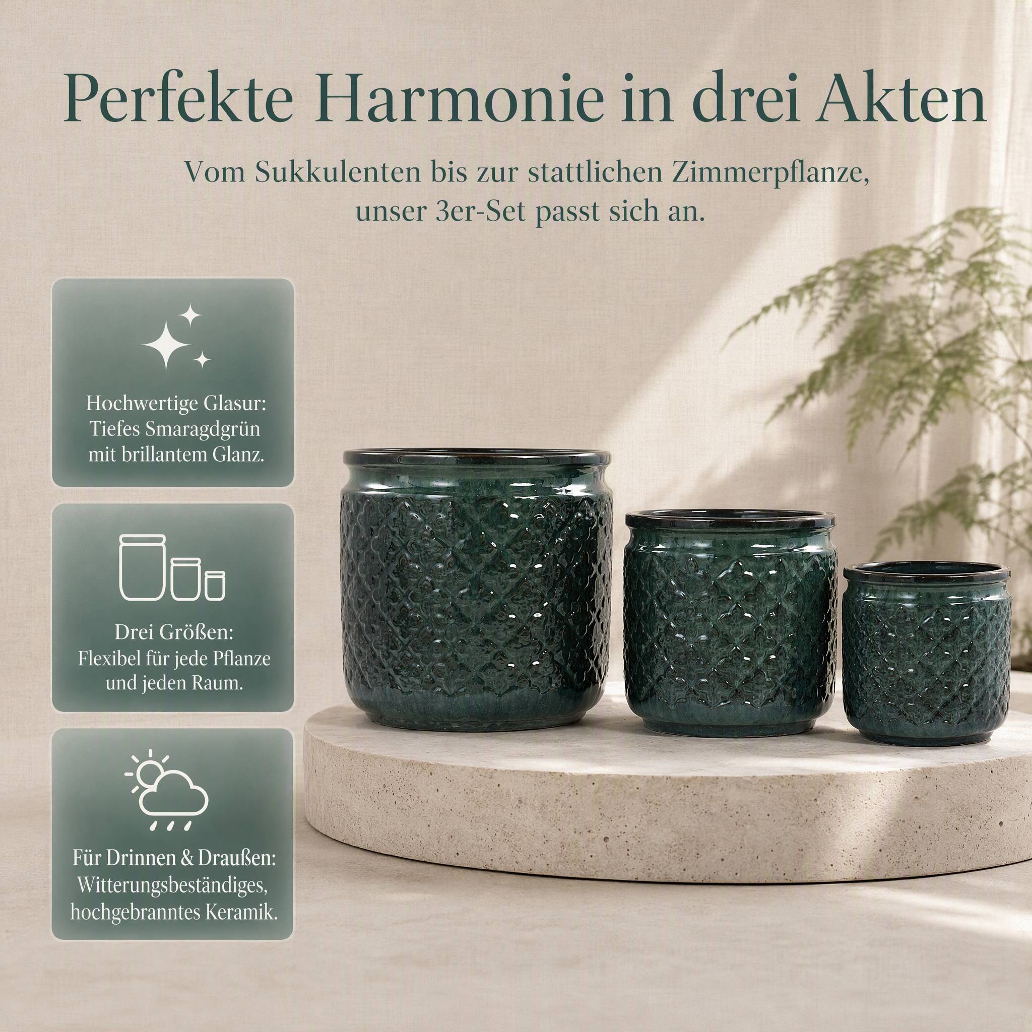 ComfortXL - Lot de 3 pots de fleurs en céramique vert foncé Ø38,1/30,5/22,9 cm intérieur extérieur avec drainage - Image 4