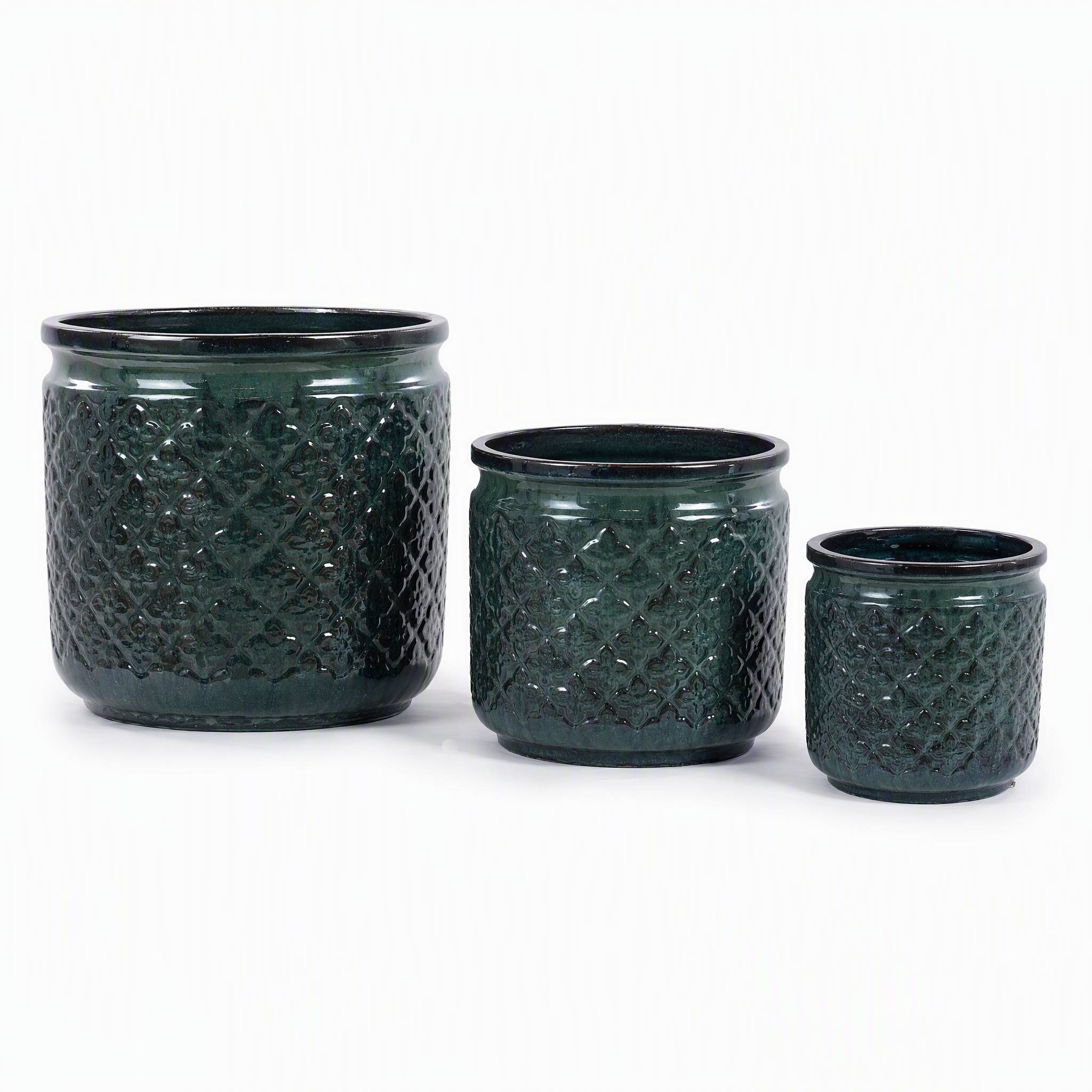 ComfortXL - Lot de 3 pots de fleurs en céramique vert foncé Ø38,1/30,5/22,9 cm intérieur extérieur avec drainage - Image 1
