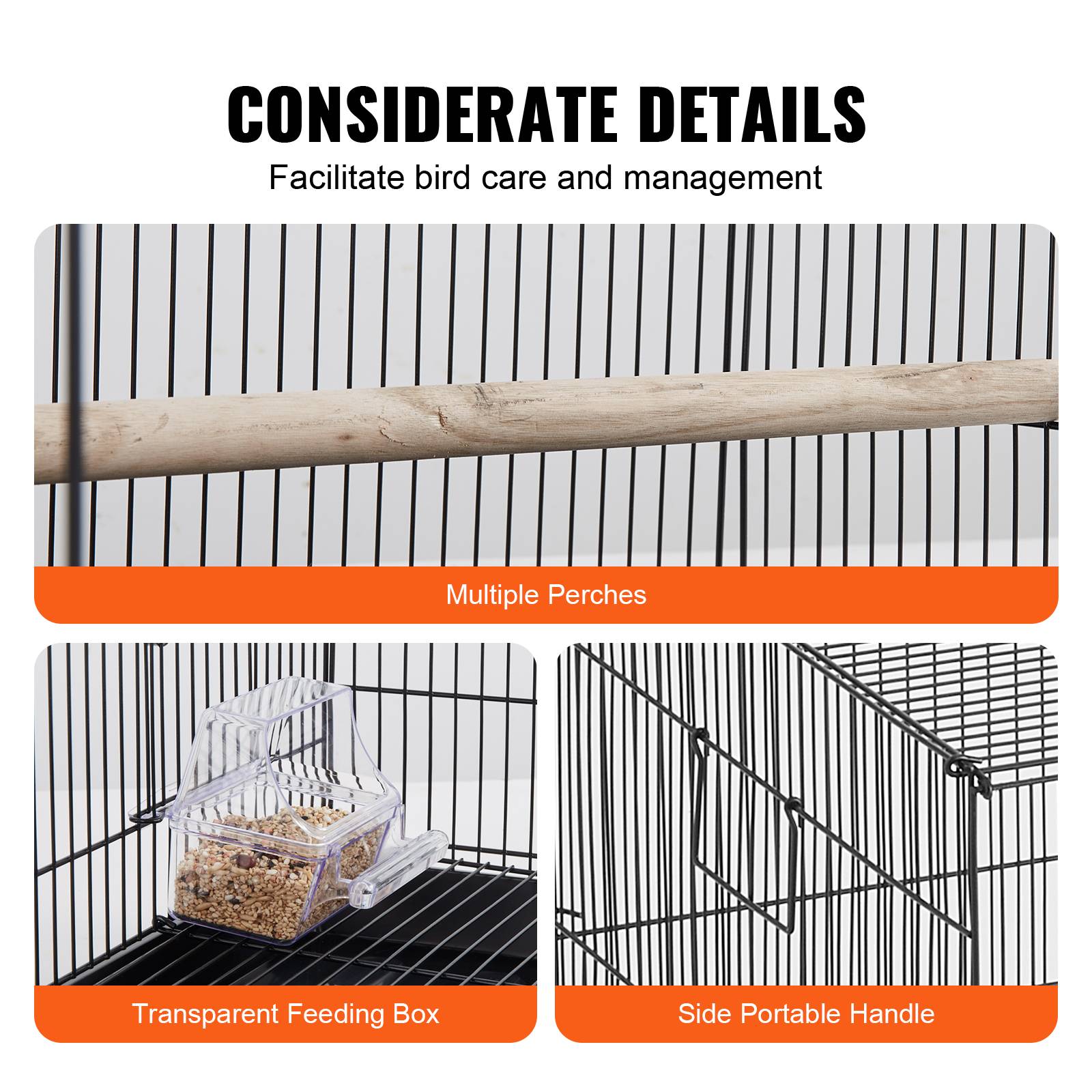 VEVOR Cage oiseau 76x46x45,5 cm, métal, portable. Plateau détachable, perchoirs. - Image 6
