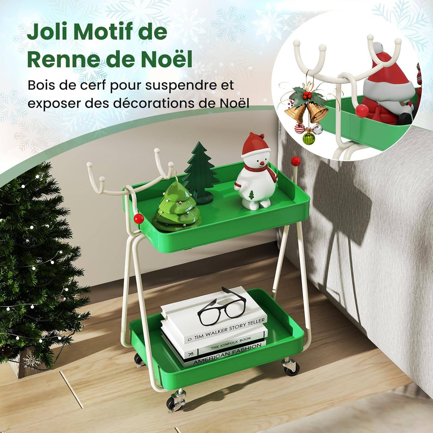 Chariot de Rangement à roulettes à 2 Niveaux, Chariot de Service de Renne de Noël, Cadre en Métal, Roues Universelles, Desserte à roulettes pour Salon - Image 3