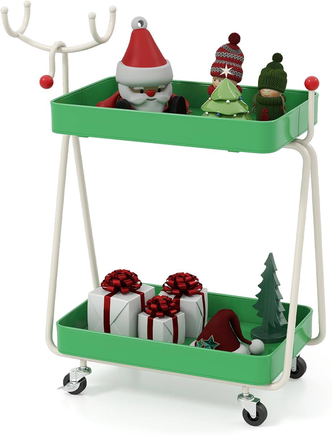 Chariot de Rangement à roulettes à 2 Niveaux, Chariot de Service de Renne de Noël, Cadre en Métal, Roues Universelles, Desserte à roulettes pour Salon - Image 1