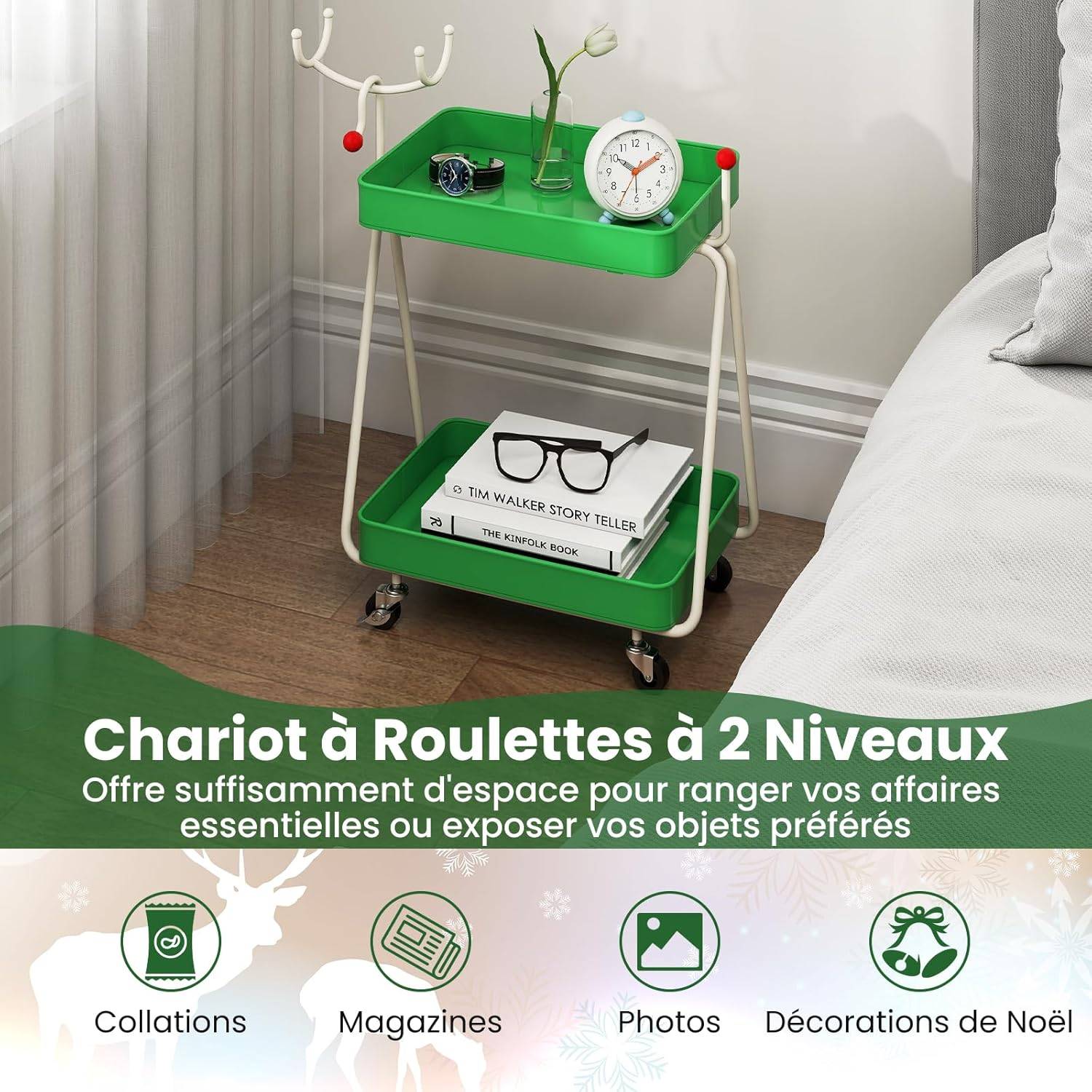 Chariot de Rangement à roulettes à 2 Niveaux, Chariot de Service de Renne de Noël, Cadre en Métal, Roues Universelles, Desserte à roulettes pour Salon - Image 2