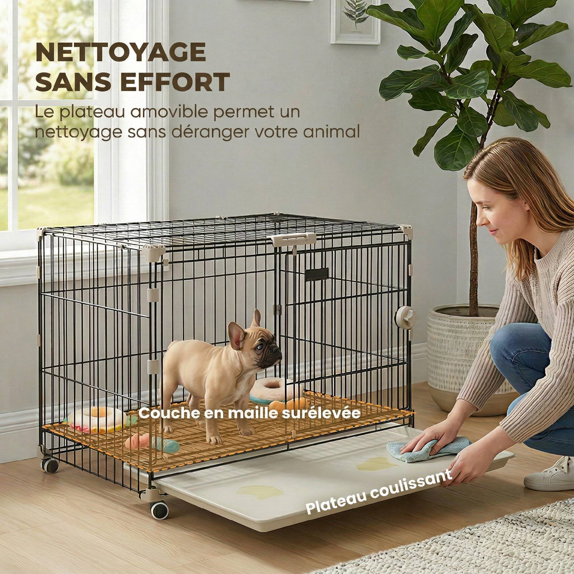 Cage chien pliable métal intérieur roues toit verrouillable 75,5x46x64,5cm noir - ComfortXL Outdoor Living - Image 9