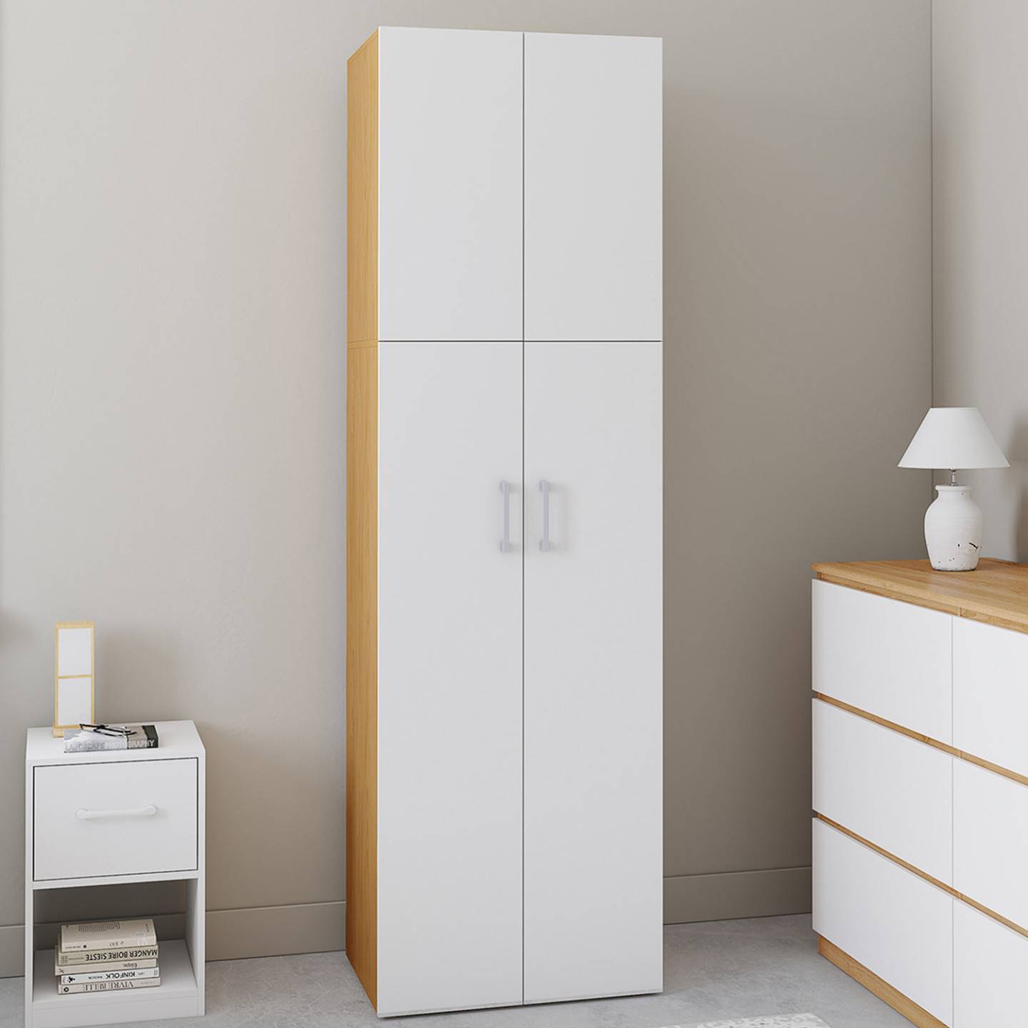 Armoire 2 portes JULIANA blanc et bois penderie 50 cm avec étagère - Image 1