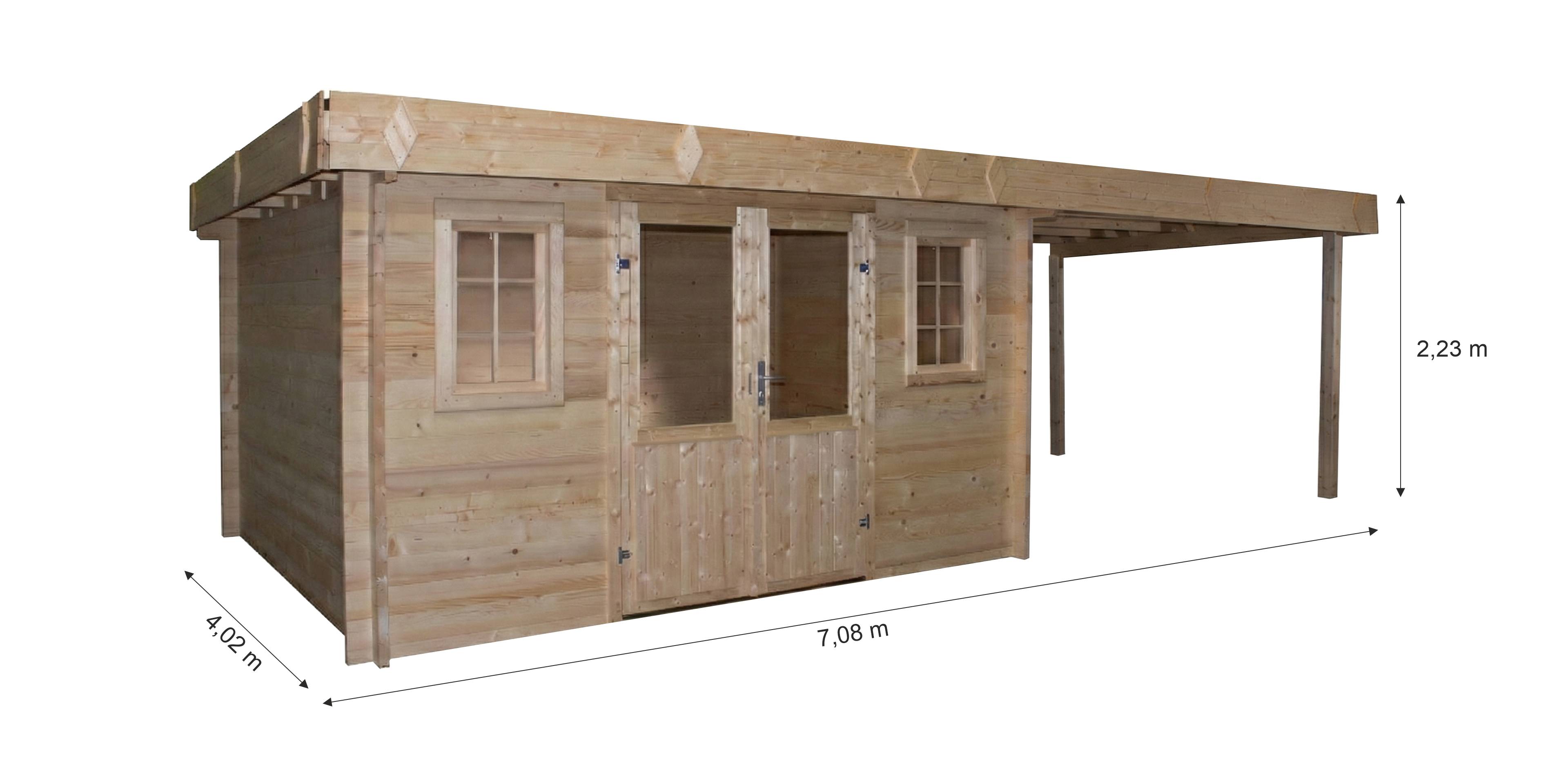 Habrita - Abri Madriers bois massif - 42 mm- surface extérieur 28,46 m2 avec bûcher  - Toit plat - bac acier - Image 6