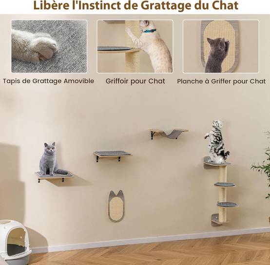 Arbre a Chat Mural, 5 Plateformes, Poteaux à Griffer et Planche à Griffer en Sisal, Hamac, Coussin Amovible, Structure Triangulaire Stable - Image 5