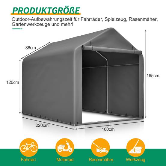 Garage à vélos 160x220x165cm gris PE imperméable avec porte roulante, rangement pour jardin - Image 2