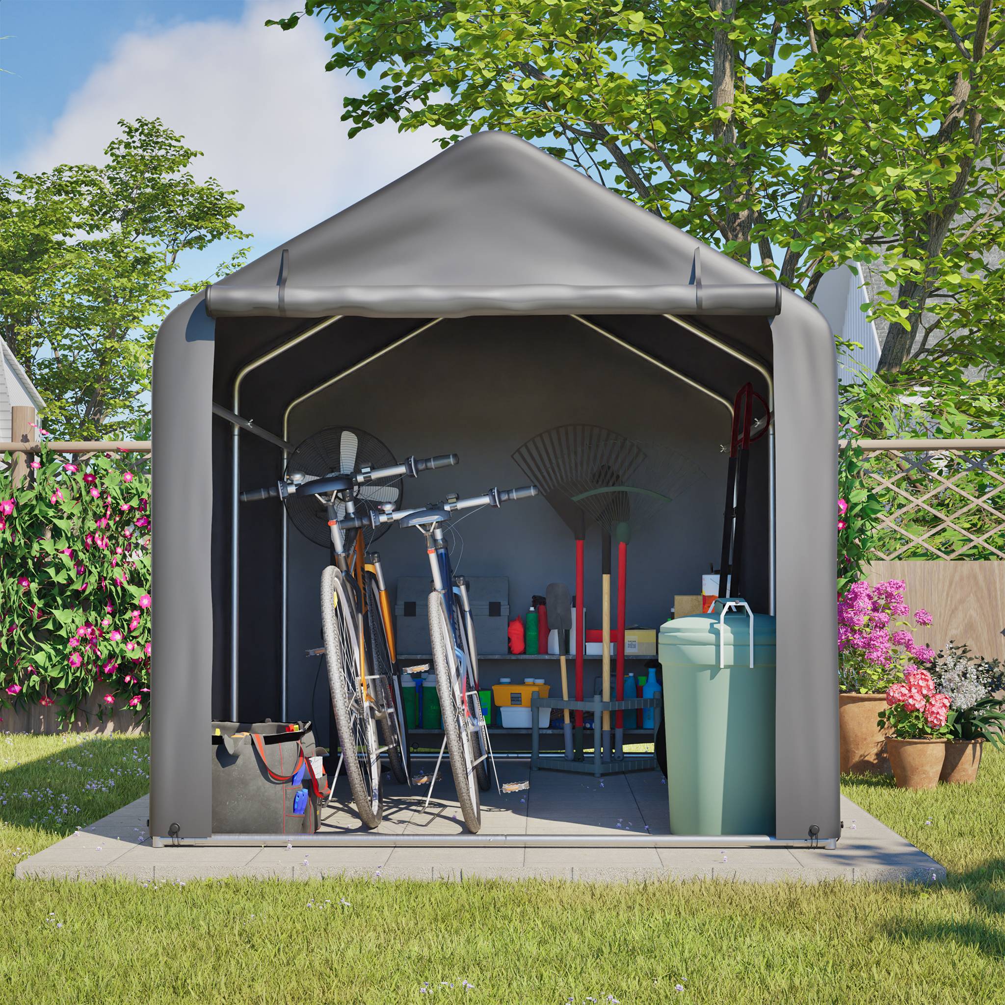 Garage à vélos 160x220x165cm gris PE imperméable avec porte roulante, rangement pour jardin - Image 9