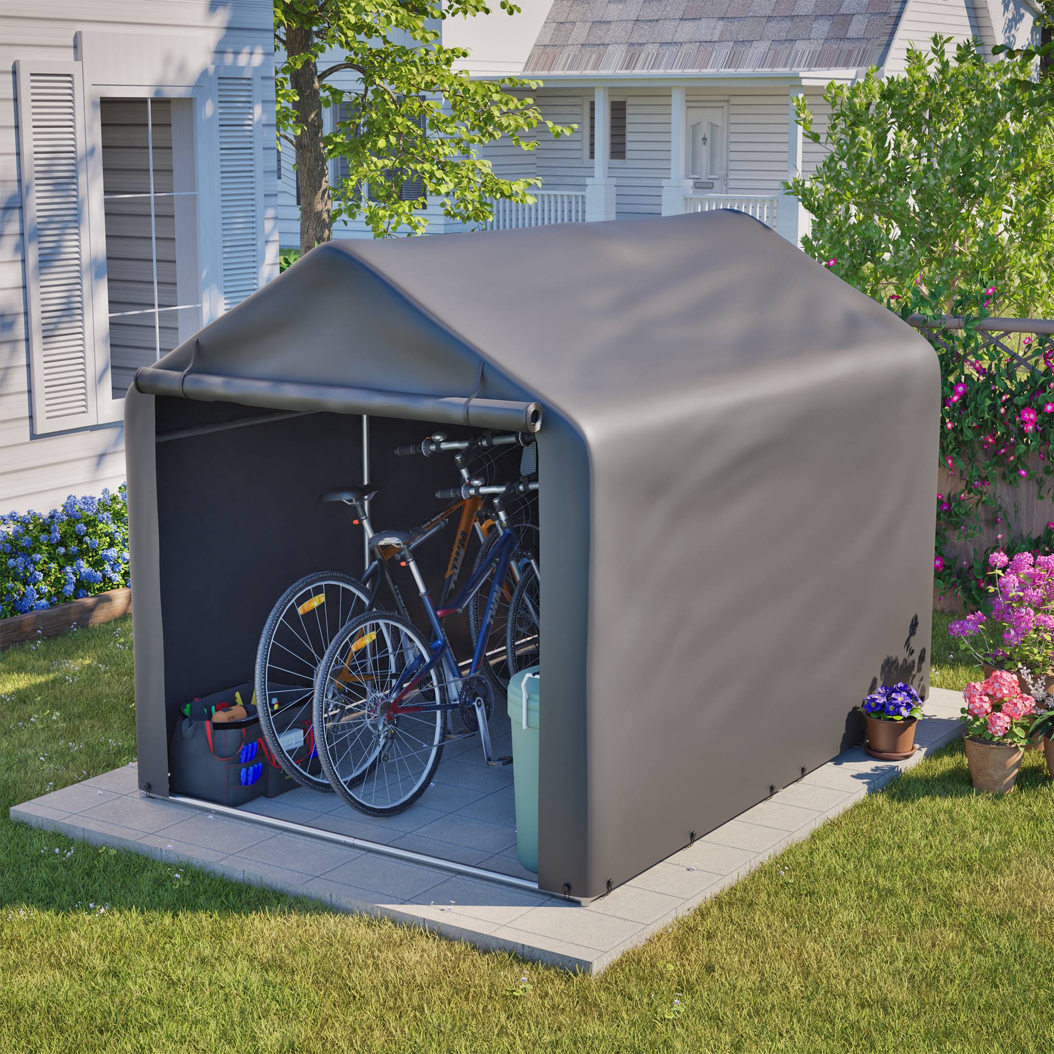 Garage à vélos 160x220x165cm gris PE imperméable avec porte roulante, rangement pour jardin