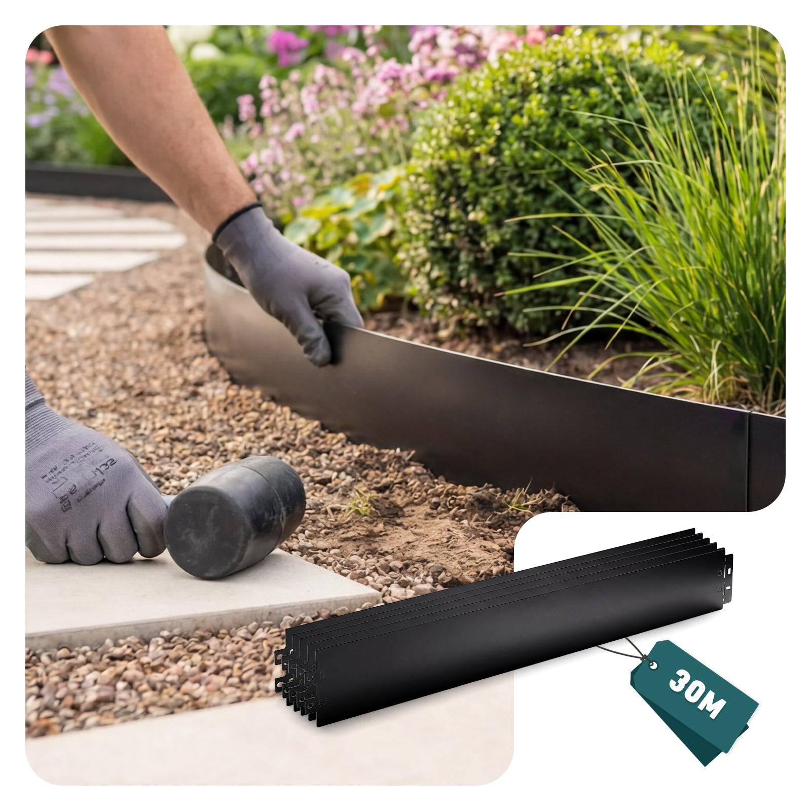 Lot de 30 Bordure de jardin en métal flexible 100x13cm noir - clôture gazon antirouille 30m - VOUNOT® - Image 1