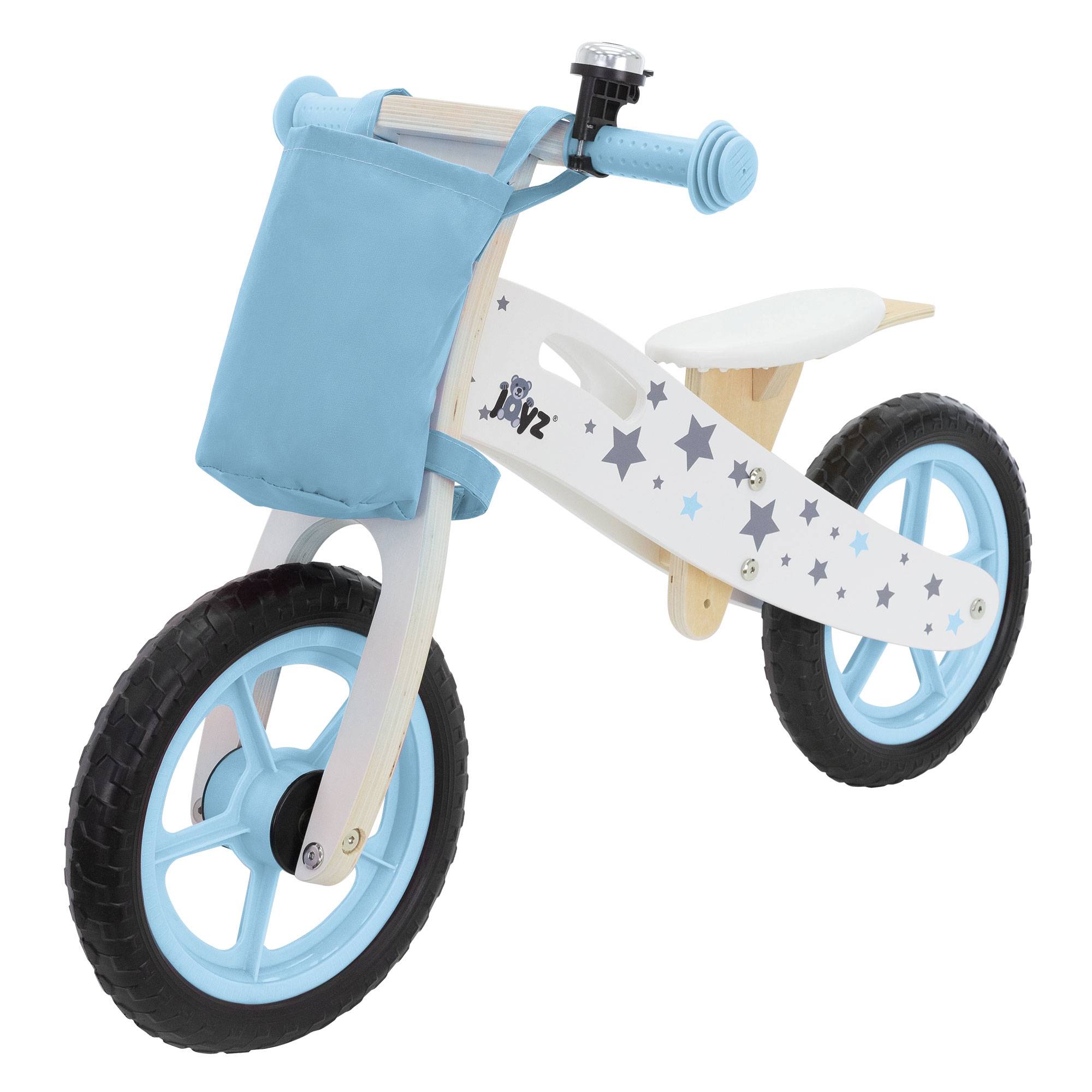 Vélo d'équilibre pour enfants 85x54 cm bleu cadre en bois pneus en mousse EVA avec 2 roues et sac en tissu siège réglable convient de 2 à 5 ans - Image 1