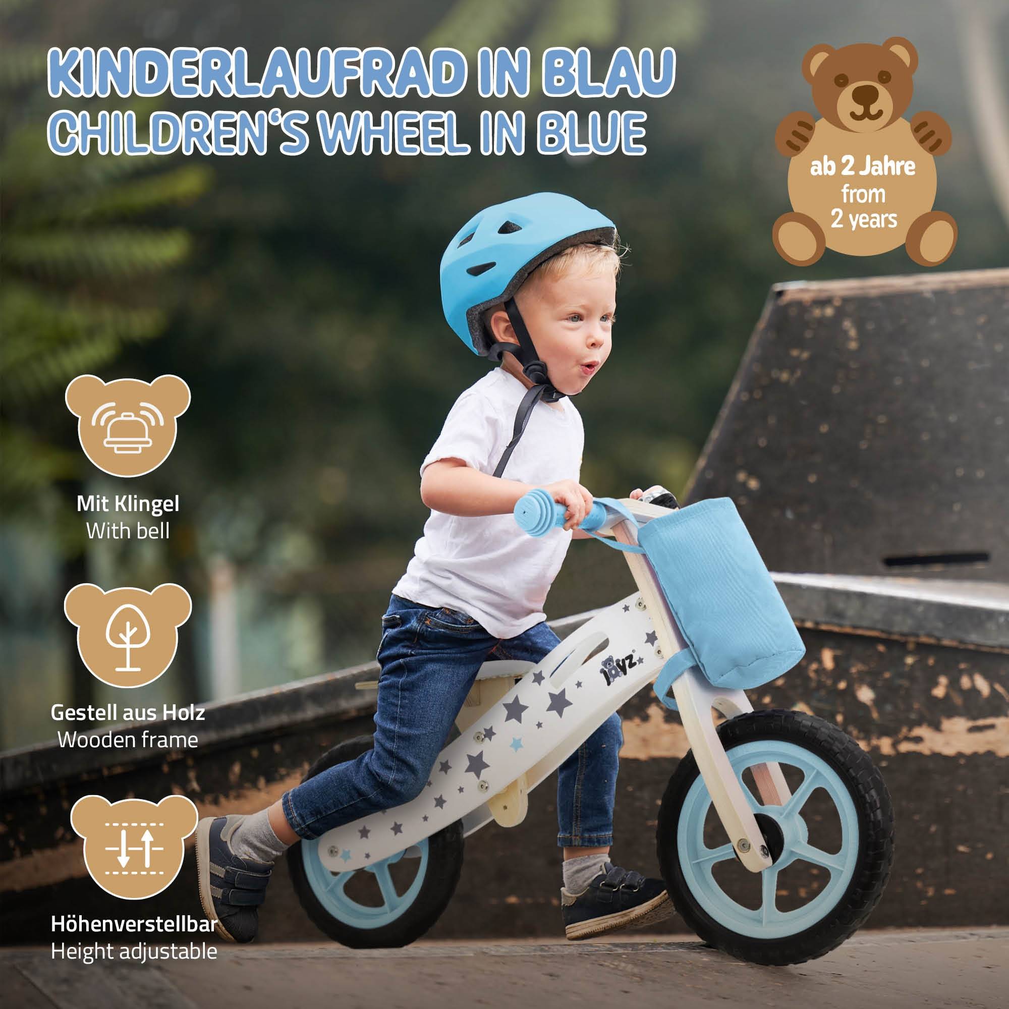 Vélo d'équilibre pour enfants 85x54 cm bleu cadre en bois pneus en mousse EVA avec 2 roues et sac en tissu siège réglable convient de 2 à 5 ans - Image 2