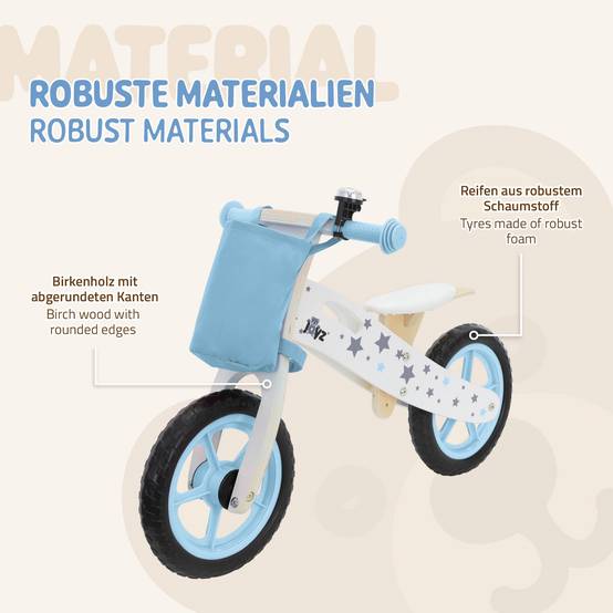 Vélo d'équilibre pour enfants 85x54 cm bleu cadre en bois pneus en mousse EVA avec 2 roues et sac en tissu siège réglable convient de 2 à 5 ans - Image 5