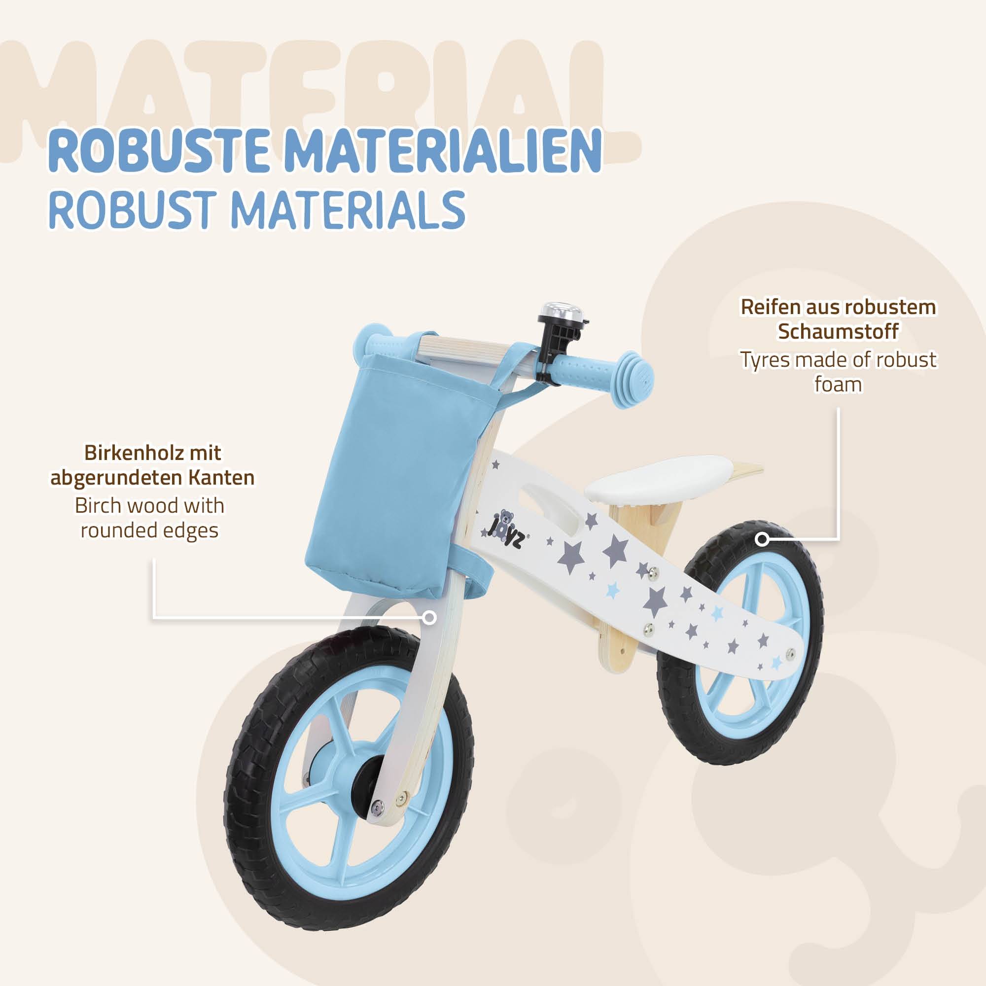 Vélo d'équilibre pour enfants 85x54 cm bleu cadre en bois pneus en mousse EVA avec 2 roues et sac en tissu siège réglable convient de 2 à 5 ans - Image 5
