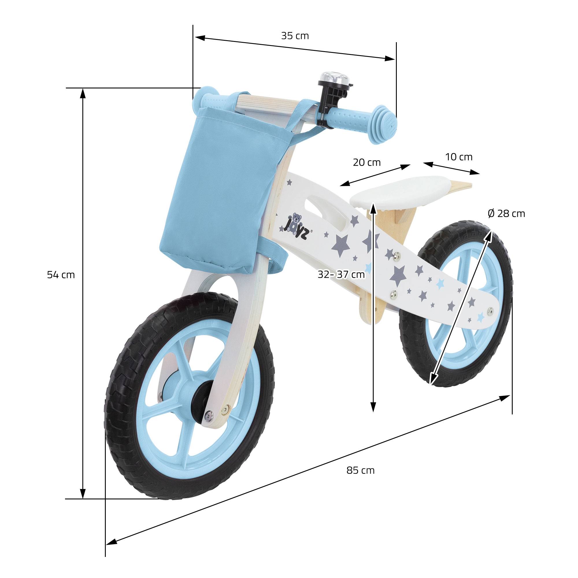 Vélo d'équilibre pour enfants 85x54 cm bleu cadre en bois pneus en mousse EVA avec 2 roues et sac en tissu siège réglable convient de 2 à 5 ans - Image 6