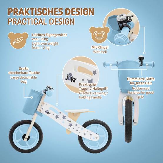 Vélo d'équilibre pour enfants 85x54 cm bleu cadre en bois pneus en mousse EVA avec 2 roues et sac en tissu siège réglable convient de 2 à 5 ans - Image 3