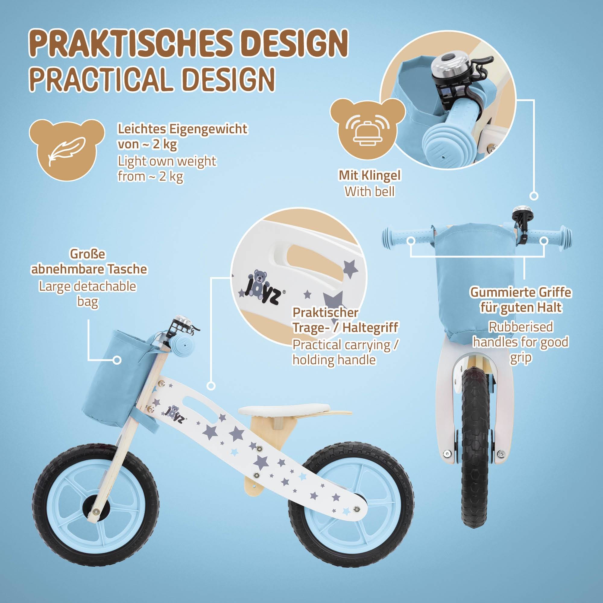 Vélo d'équilibre pour enfants 85x54 cm bleu cadre en bois pneus en mousse EVA avec 2 roues et sac en tissu siège réglable convient de 2 à 5 ans - Image 3