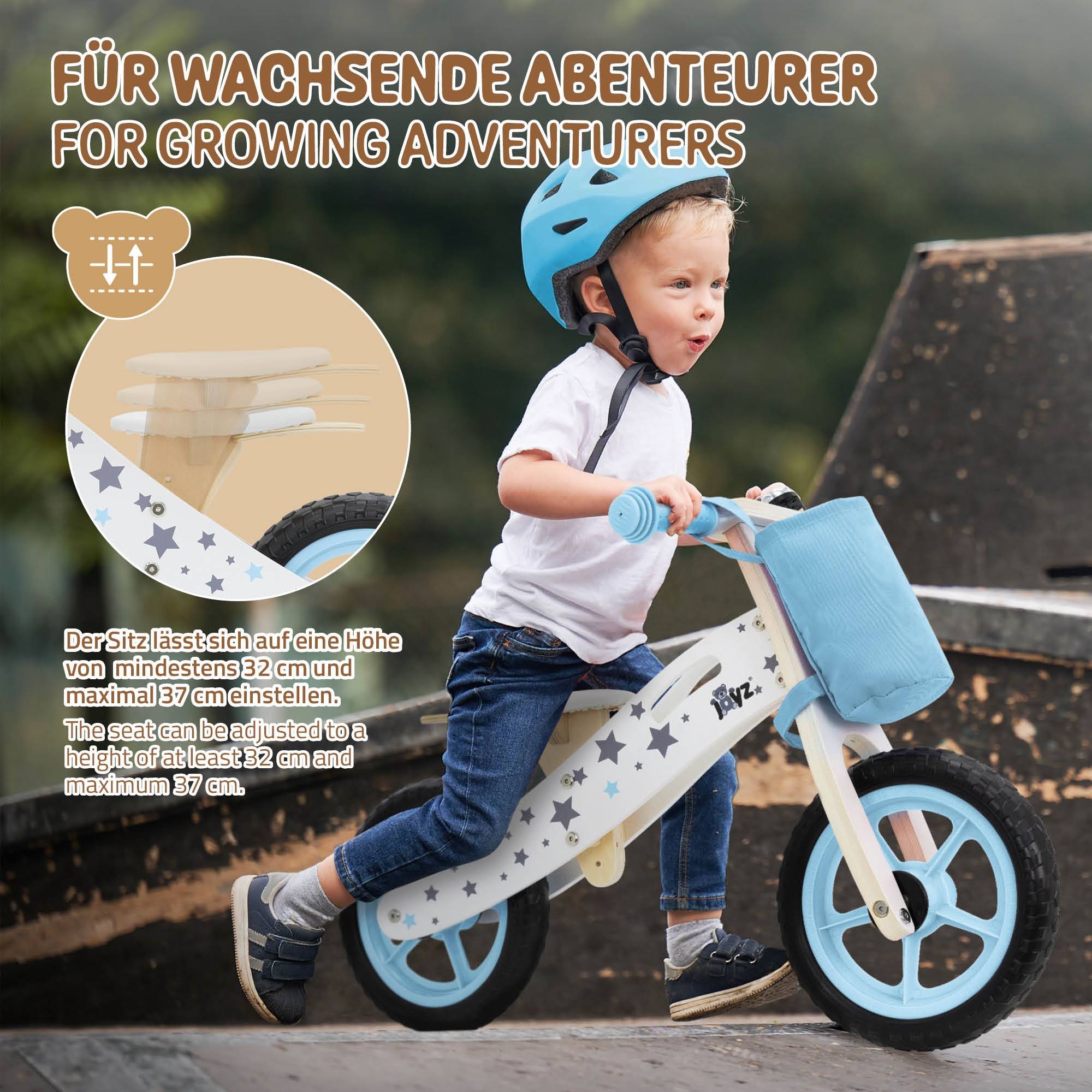 Vélo d'équilibre pour enfants 85x54 cm bleu cadre en bois pneus en mousse EVA avec 2 roues et sac en tissu siège réglable convient de 2 à 5 ans - Image 4