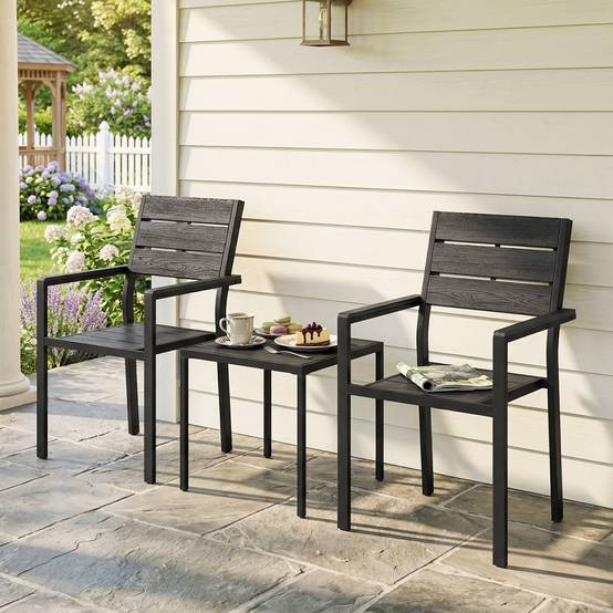 Ensemble de jardin 3 pièces métal et HDPE effet bois pour balcons noir - ComfortXL Outdoor Living - Image 4