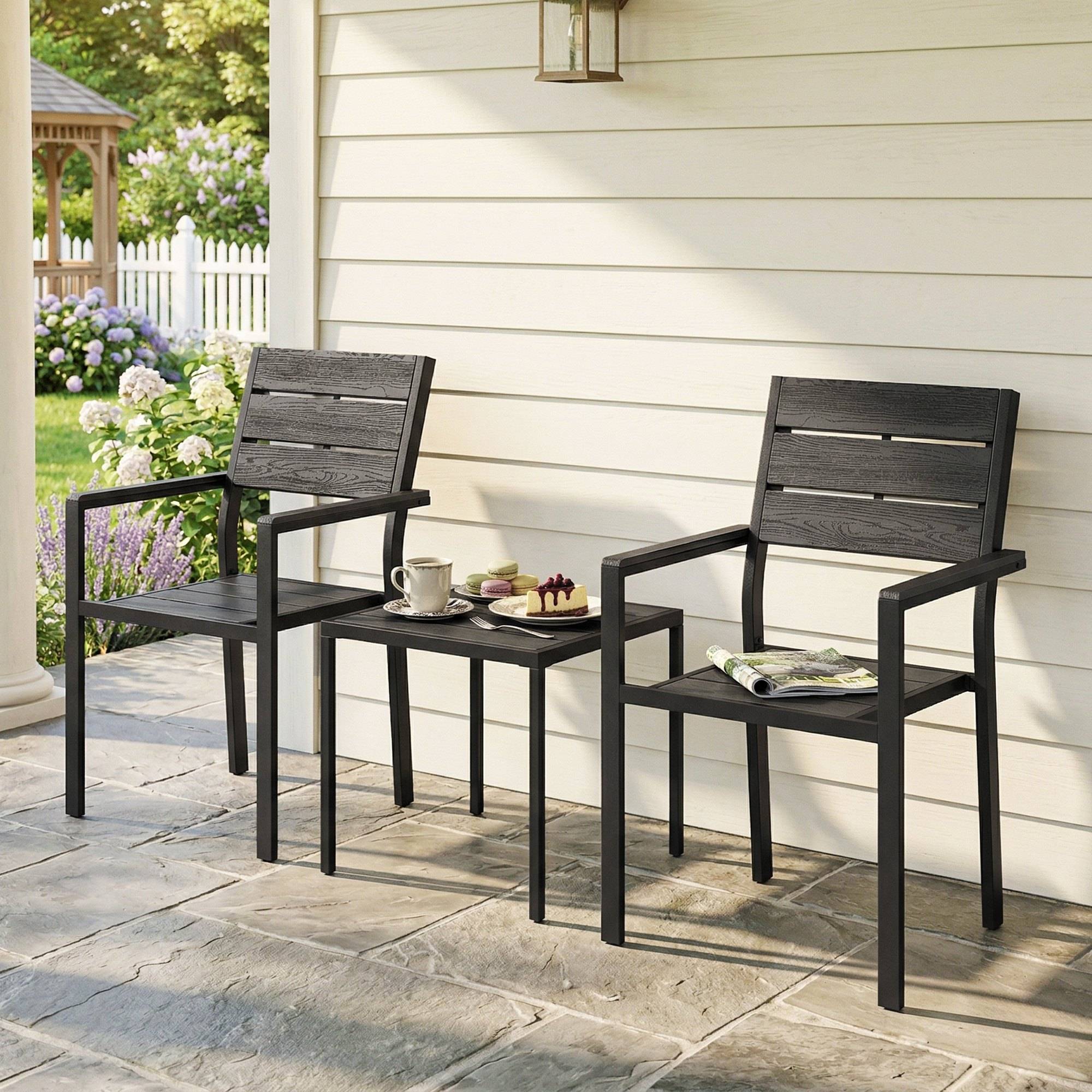 Ensemble de jardin 3 pièces métal et HDPE effet bois pour balcons noir - ComfortXL Outdoor Living - Image 4