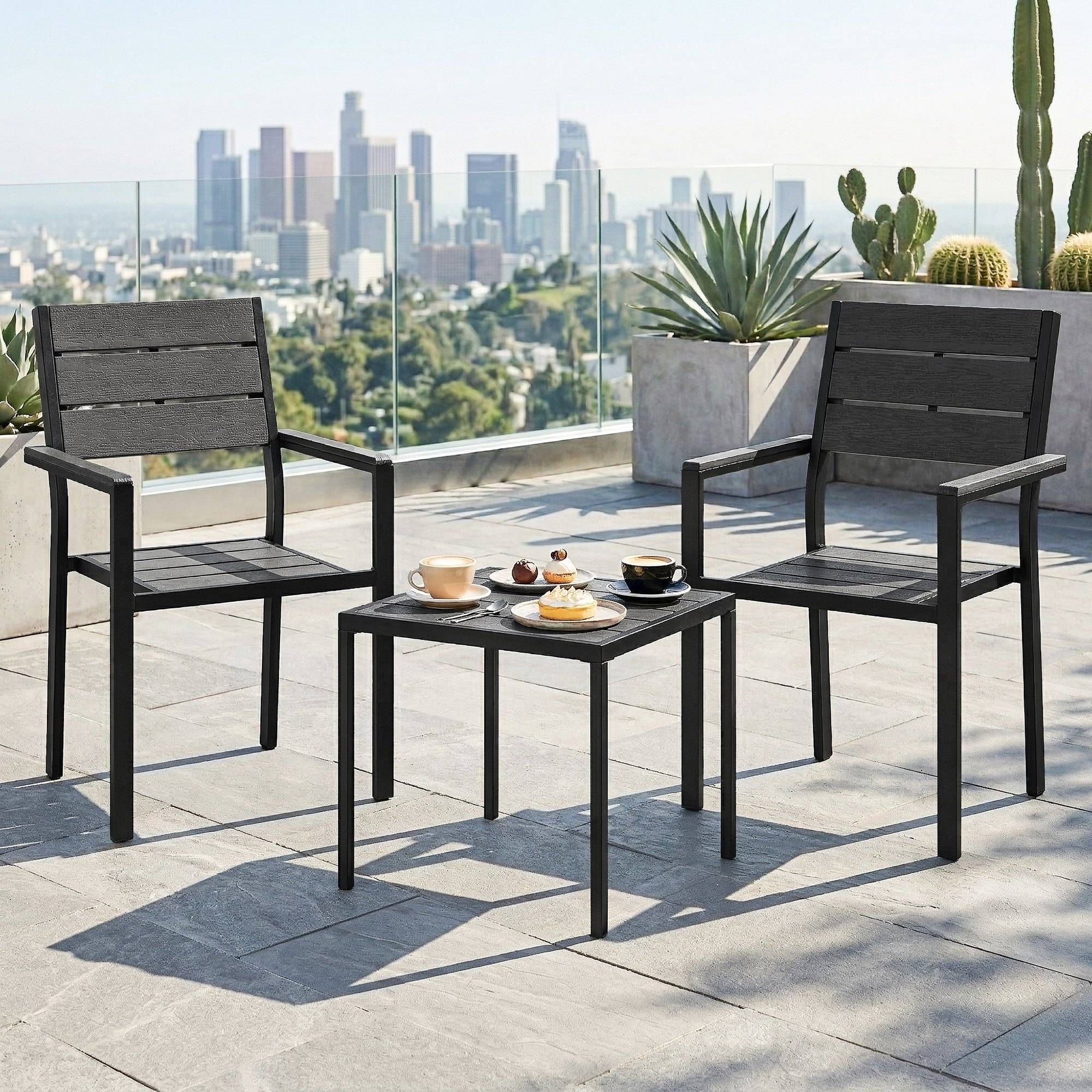 Ensemble de jardin 3 pièces métal et HDPE effet bois pour balcons noir - ComfortXL Outdoor Living - Image 3