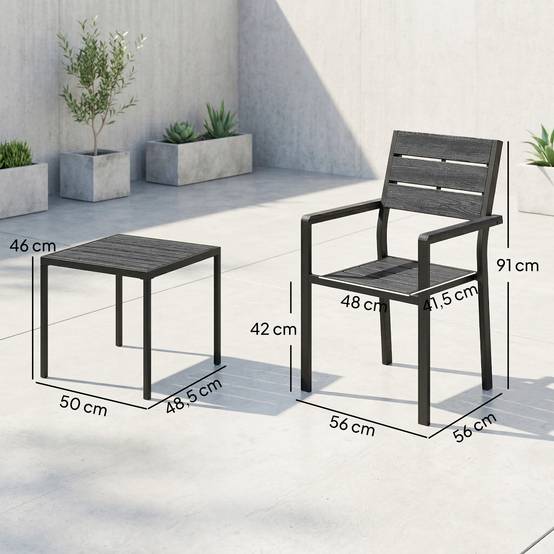 Ensemble de jardin 3 pièces métal et HDPE effet bois pour balcons noir - ComfortXL Outdoor Living - Image 5
