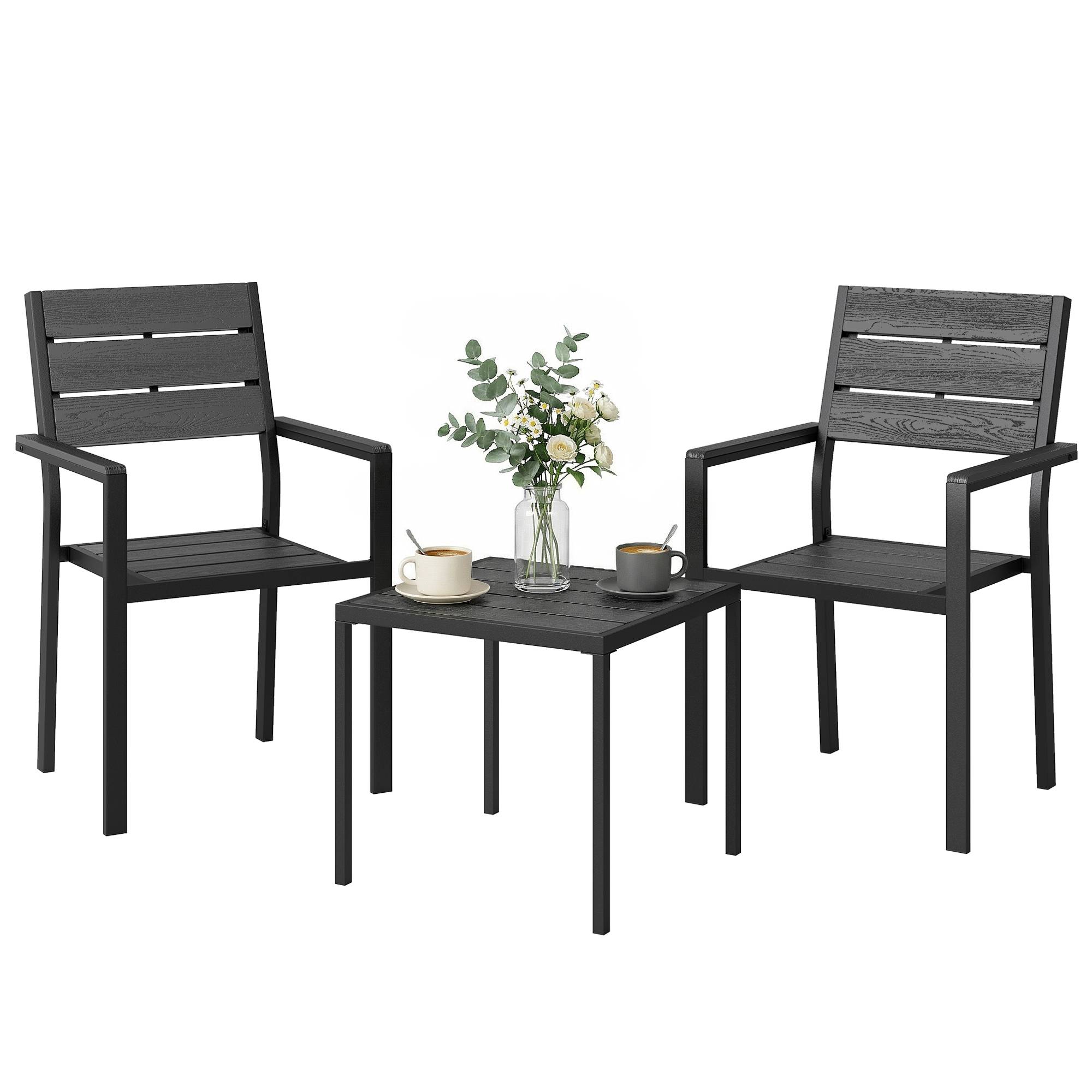 Ensemble de jardin 3 pièces métal et HDPE effet bois pour balcons noir - ComfortXL Outdoor Living - Image 1