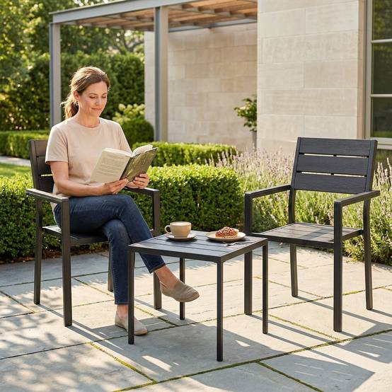 Ensemble de jardin 3 pièces métal et HDPE effet bois pour balcons noir - ComfortXL Outdoor Living - Image 10