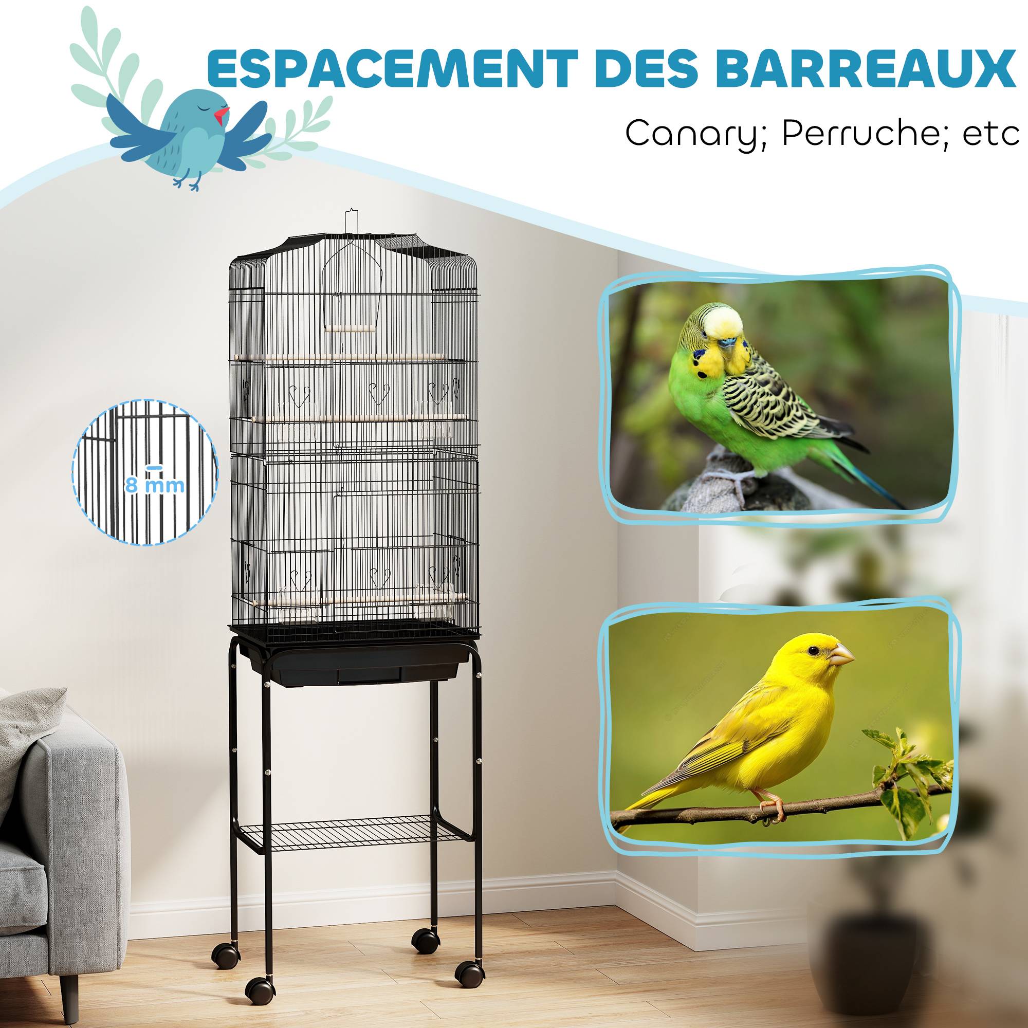 Volière cage à oiseaux acier noir 46.5 x 36 x 157 cm - PANGIVO - Image 8