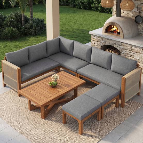Salon jardin modulable acacia : canapé angle 6 places + tabourets + table, respirant anti-éclaboussures - Image 2