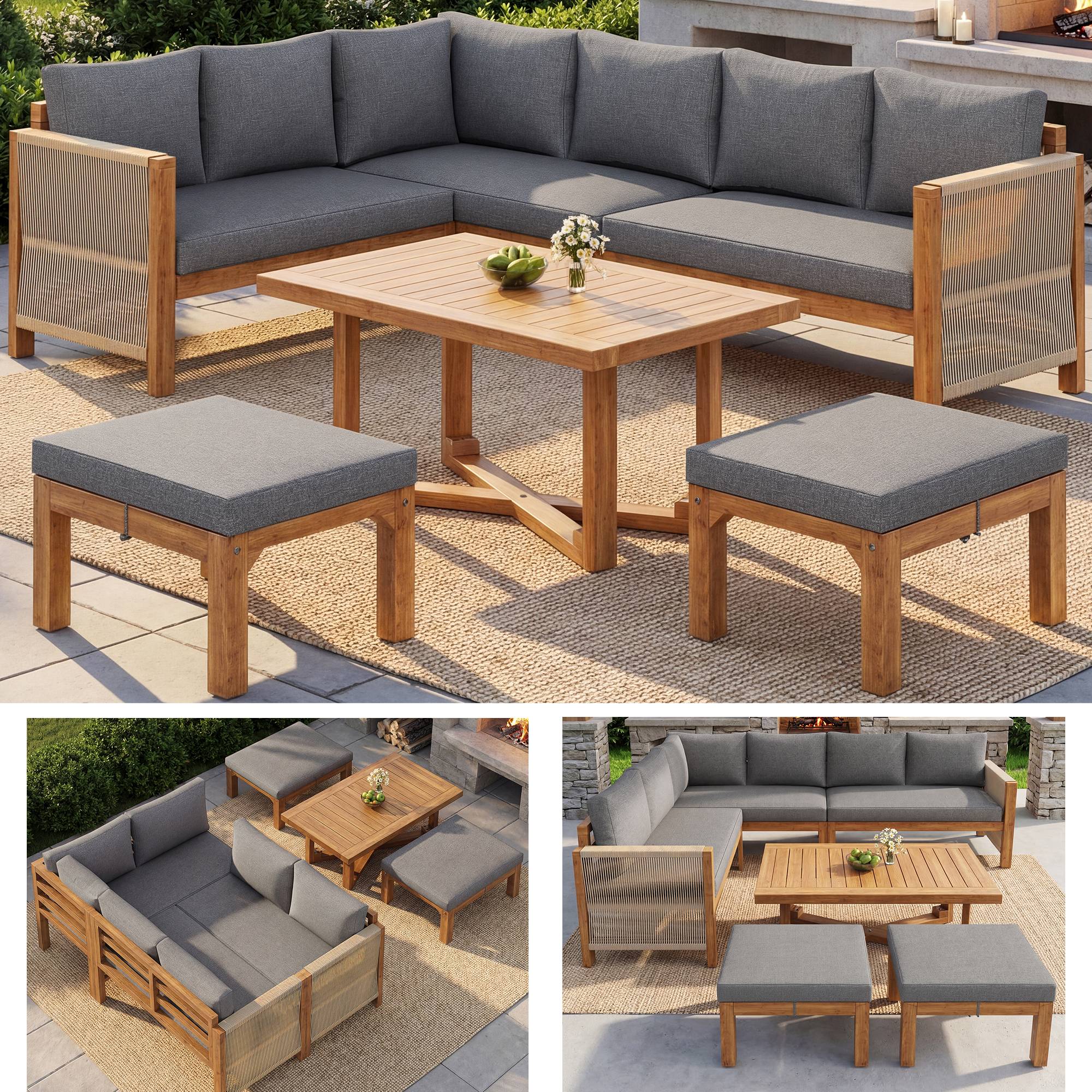 Salon jardin modulable acacia : canapé angle 6 places + tabourets + table, respirant anti-éclaboussures - Image 1