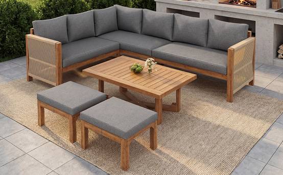Salon jardin modulable acacia : canapé angle 6 places + tabourets + table, respirant anti-éclaboussures - Image 8