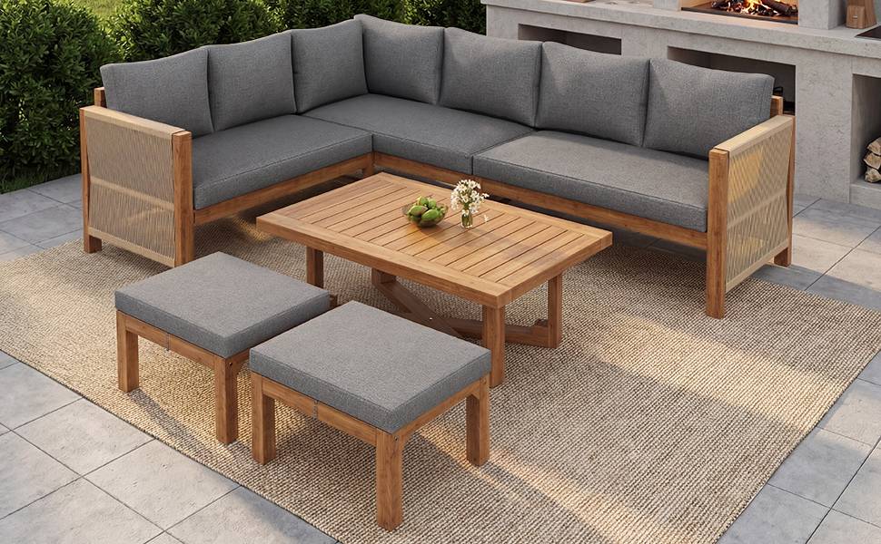 Salon jardin modulable acacia : canapé angle 6 places + tabourets + table, respirant anti-éclaboussures - Image 8