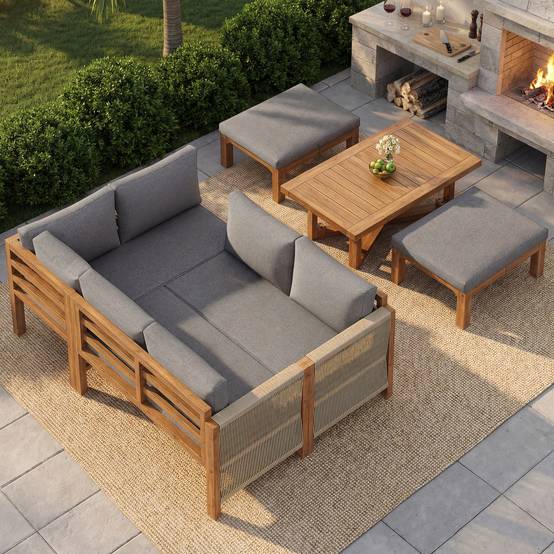 Salon jardin modulable acacia : canapé angle 6 places + tabourets + table, respirant anti-éclaboussures - Image 3