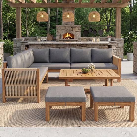 Salon jardin modulable acacia : canapé angle 6 places + tabourets + table, respirant anti-éclaboussures - Image 4