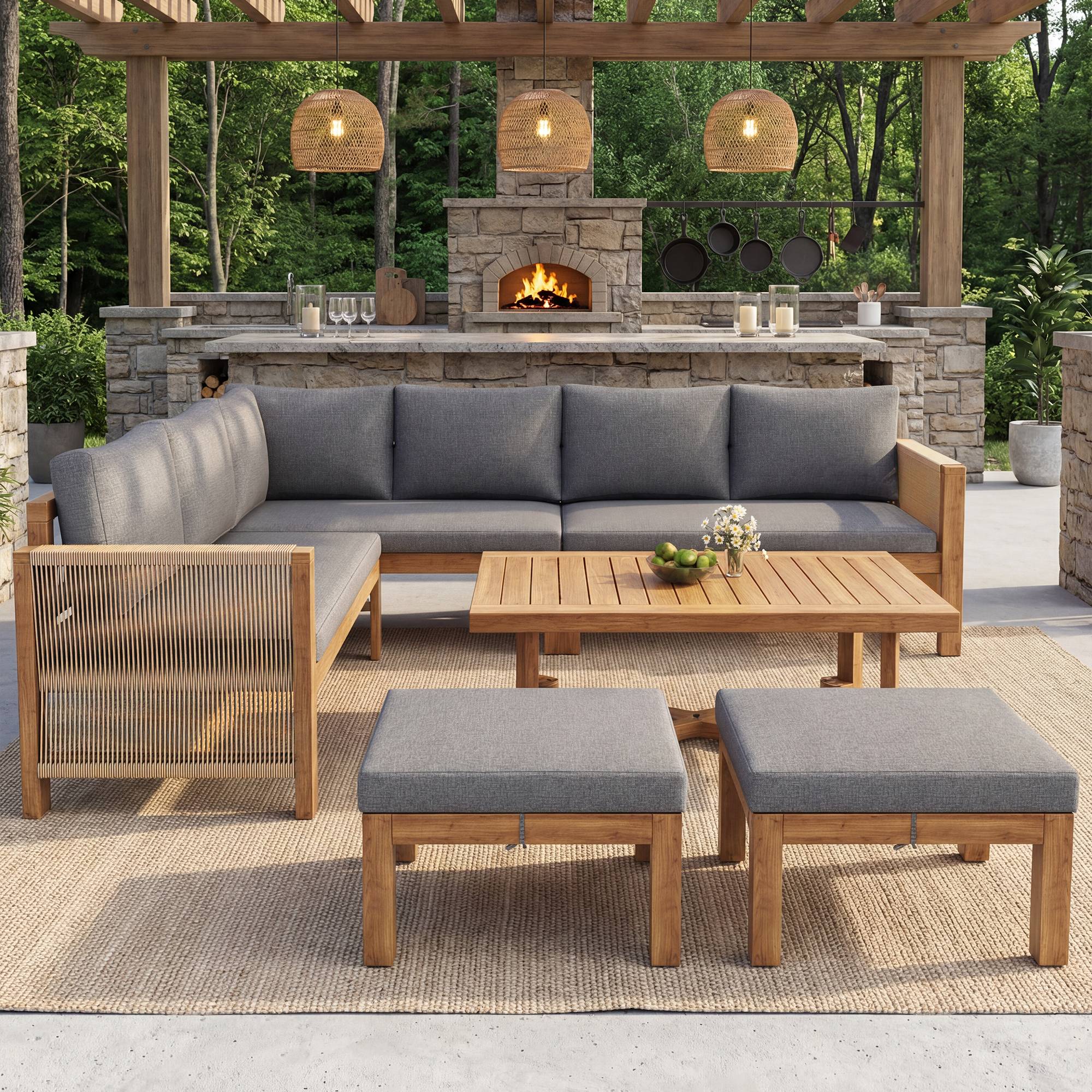 Salon jardin modulable acacia : canapé angle 6 places + tabourets + table, respirant anti-éclaboussures - Image 4