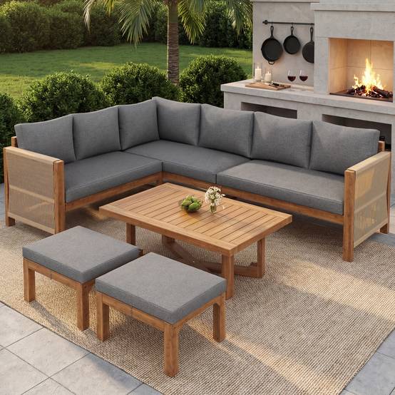 Salon jardin modulable acacia : canapé angle 6 places + tabourets + table, respirant anti-éclaboussures - Image 6