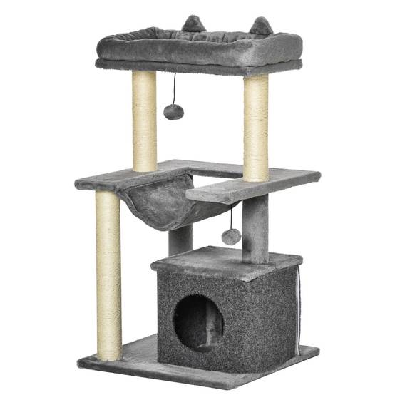 Sans Marque - Arbre à chat PawHut 90 cm avec hamac grotte 2 balles peluche poteaux sisal plateformes multi niveaux chats moins de 4 kg gris - Image 2