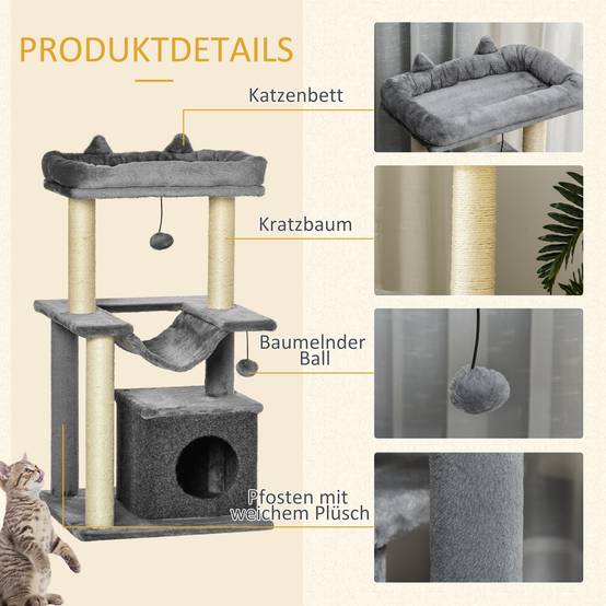 Sans Marque - Arbre à chat PawHut 90 cm avec hamac grotte 2 balles peluche poteaux sisal plateformes multi niveaux chats moins de 4 kg gris - Image 9
