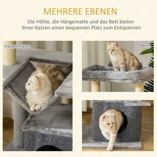 Sans Marque - Arbre à chat PawHut 90 cm avec hamac grotte 2 balles peluche poteaux sisal plateformes multi niveaux chats moins de 4 kg gris - Image 7